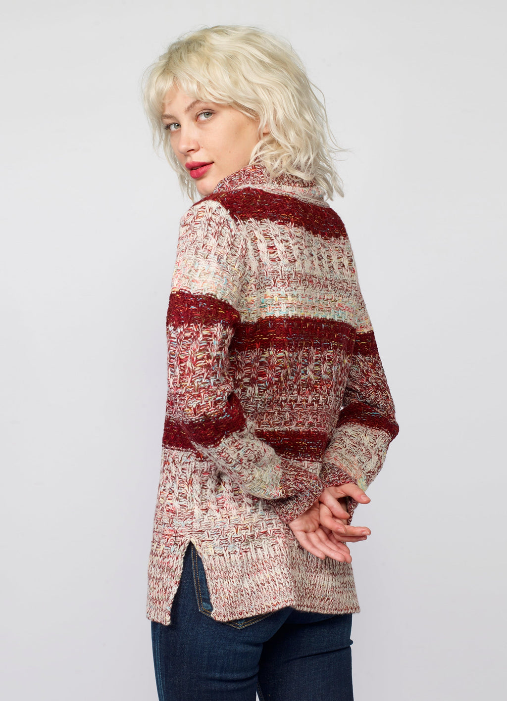 Jersey de Rayas Cuello Alto Mujer Punto Fantasía – Koroshi Vino