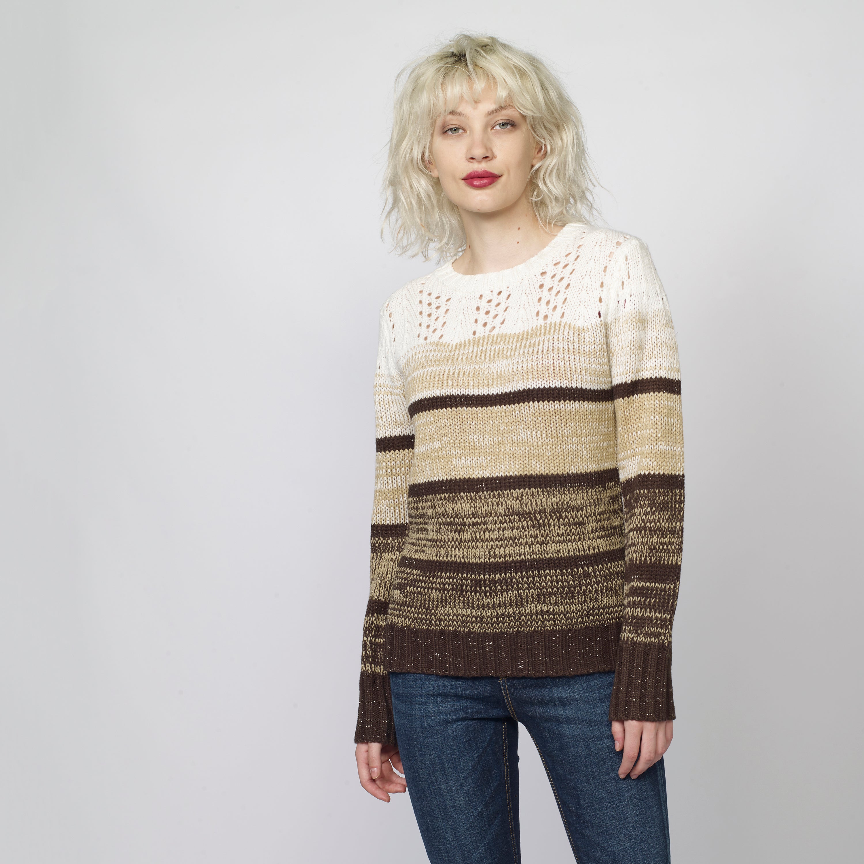 Jersey de Punto a Rayas Mujer con Calados y Lurex – Koroshi 2022TR29