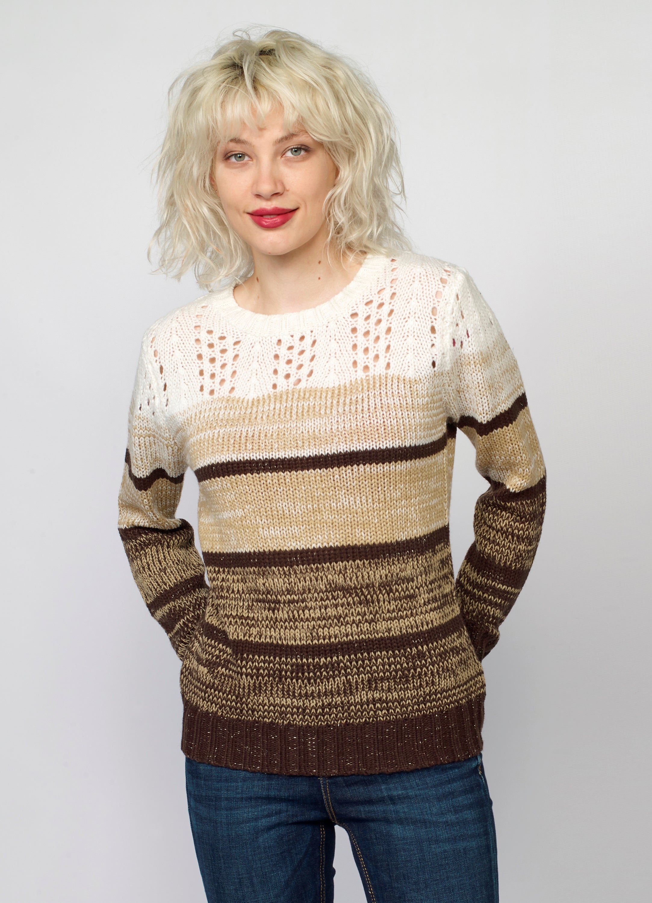 Jersey de Punto a Rayas Mujer con Calados y Lurex – Koroshi 2022TR29