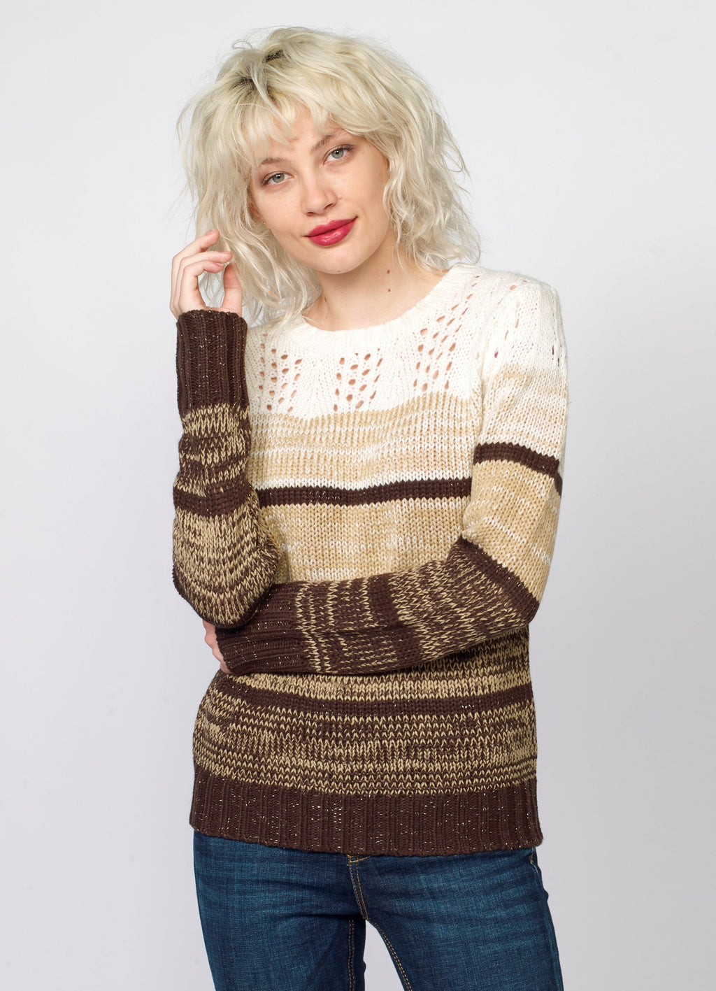Jersey de Punto a Rayas Mujer con Calados y Lurex – Koroshi 2022TR29