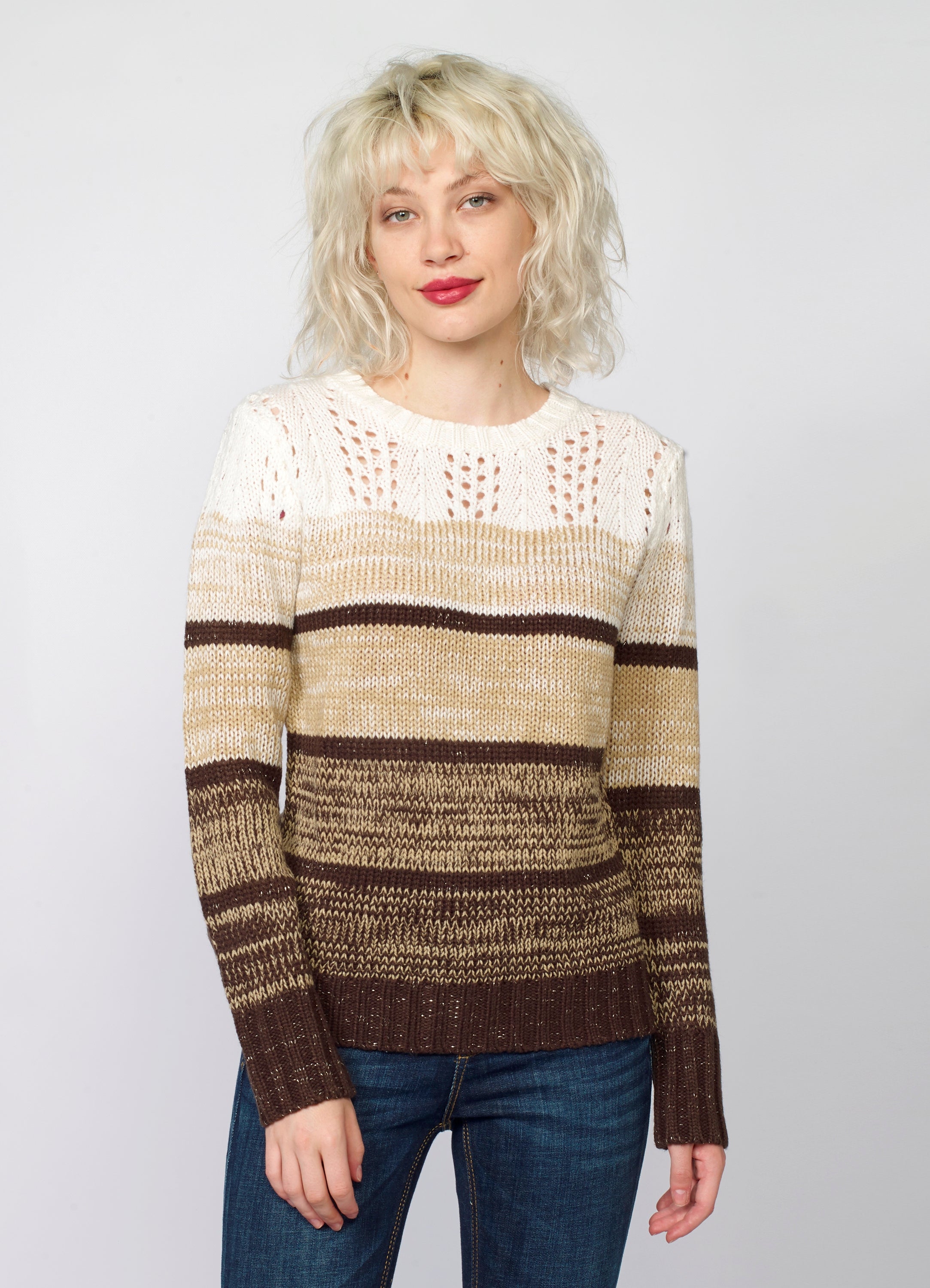 Jersey de Punto a Rayas Mujer con Calados y Lurex – Koroshi 2022TR29
