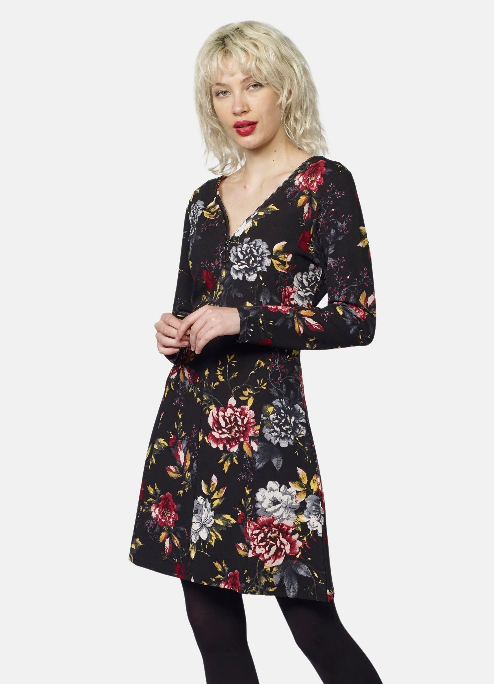 Vestido Mujer Estampado Floral Escote Pico – Koroshi Negro