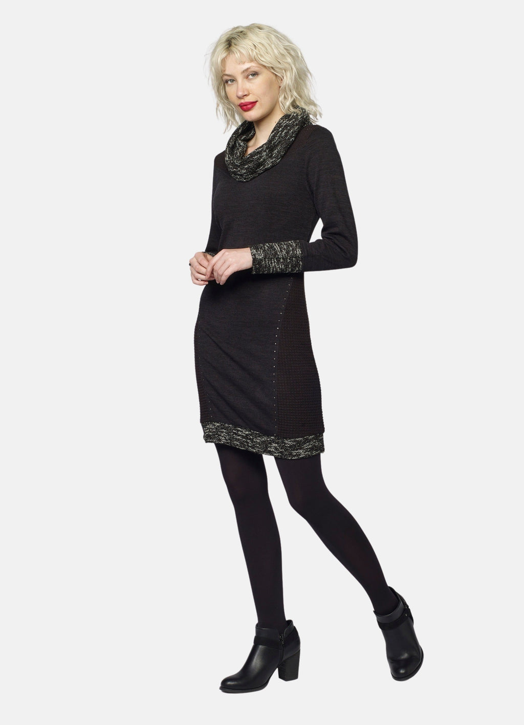 Vestido de Punto Mujer Cuello Vuelto Tweed y Tachas – Koroshi Negro