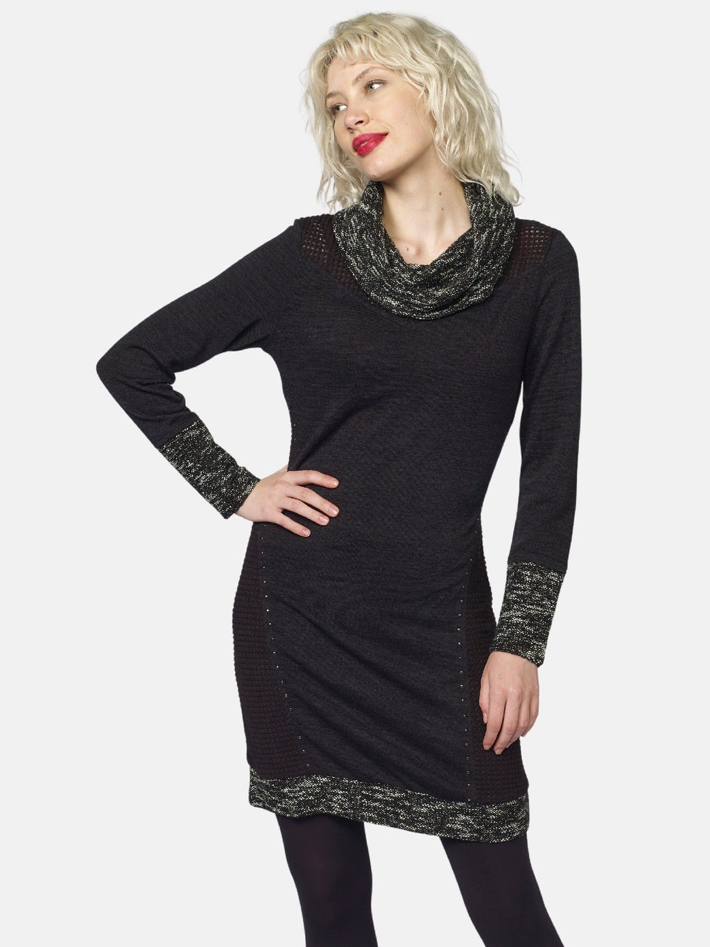 Vestido de Punto Mujer Cuello Vuelto Tweed y Tachas – Koroshi Negro