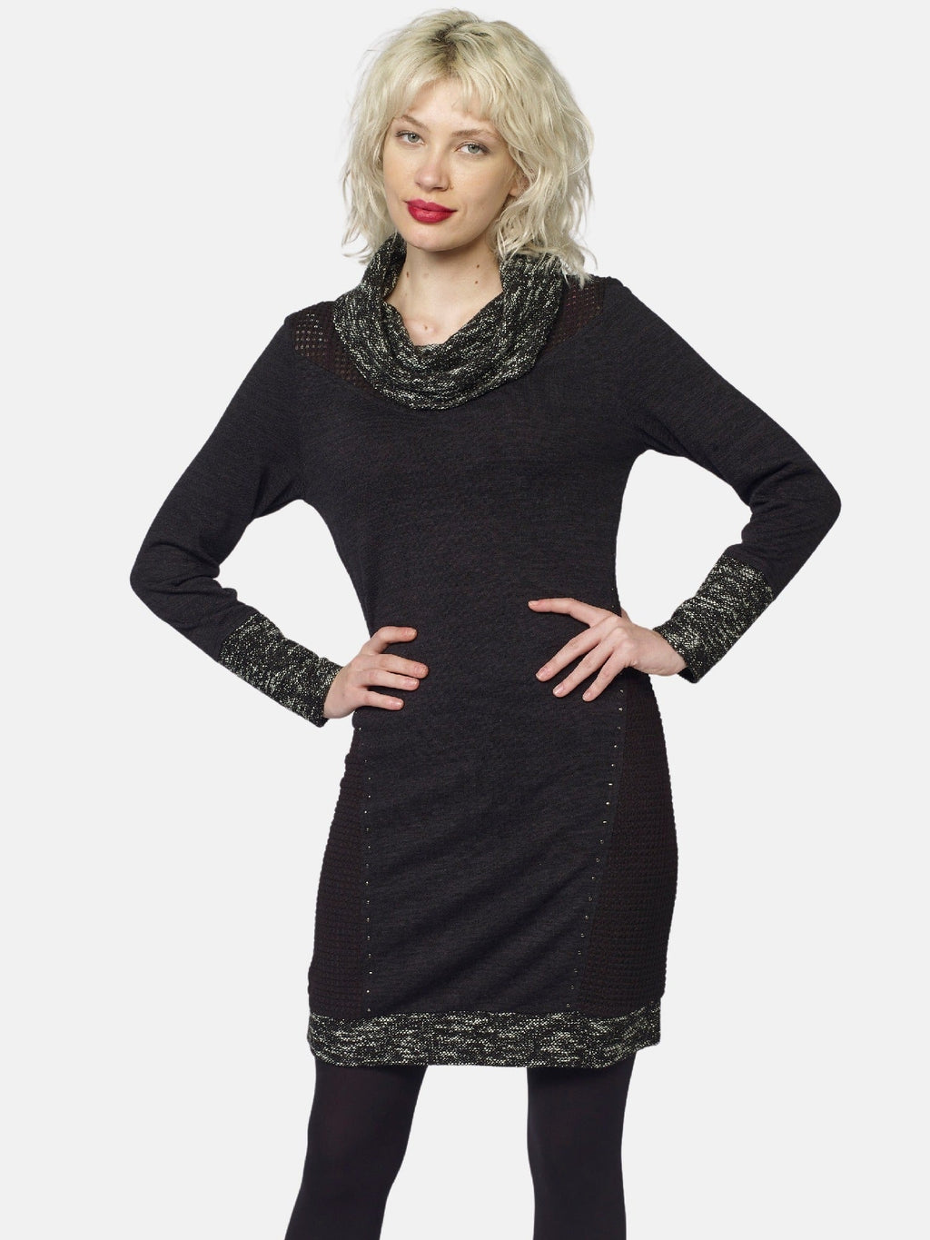 Vestido de Punto Mujer Cuello Vuelto Tweed y Tachas – Koroshi Negro