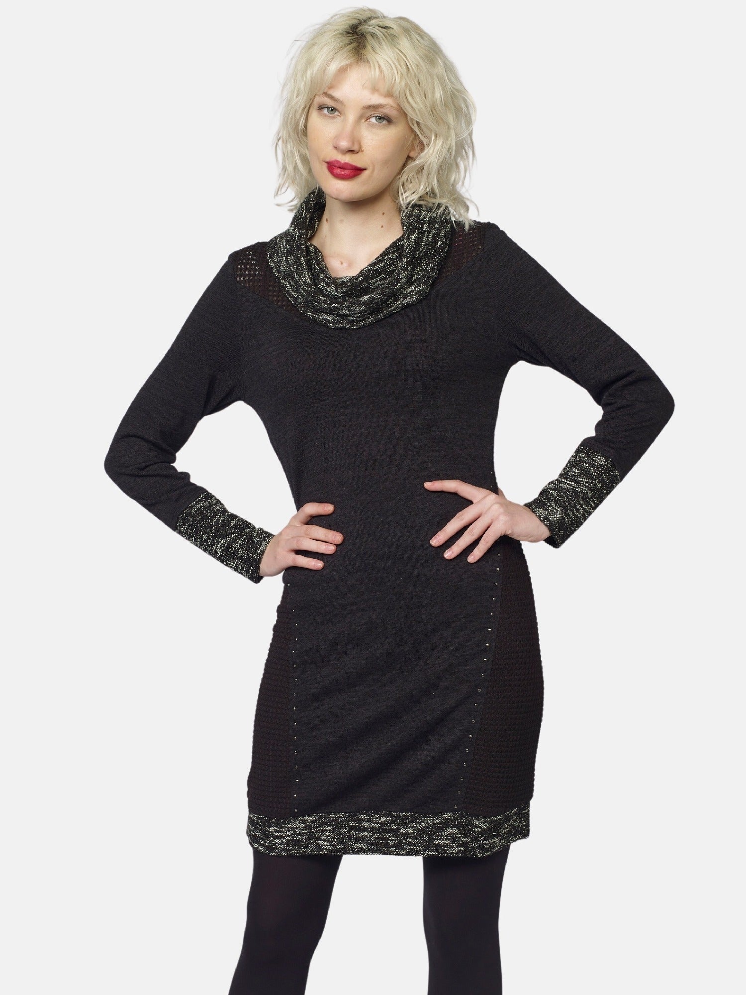 Vestido de Punto Mujer Cuello Vuelto Tweed y Tachas – Koroshi Negro