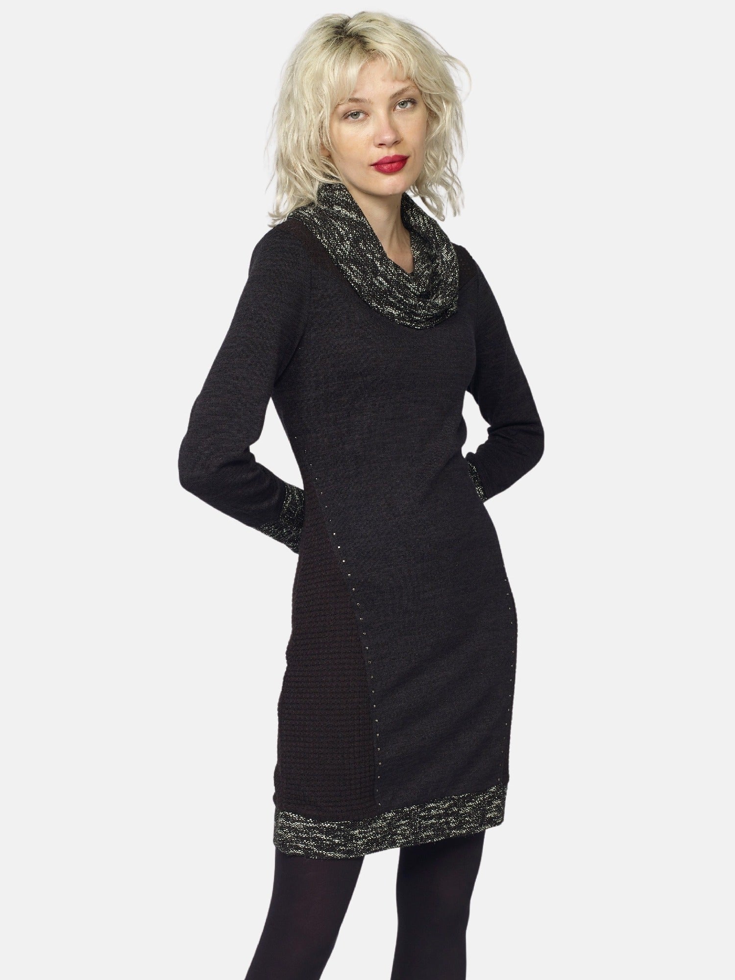 Vestido de Punto Mujer Cuello Vuelto Tweed y Tachas – Koroshi Negro