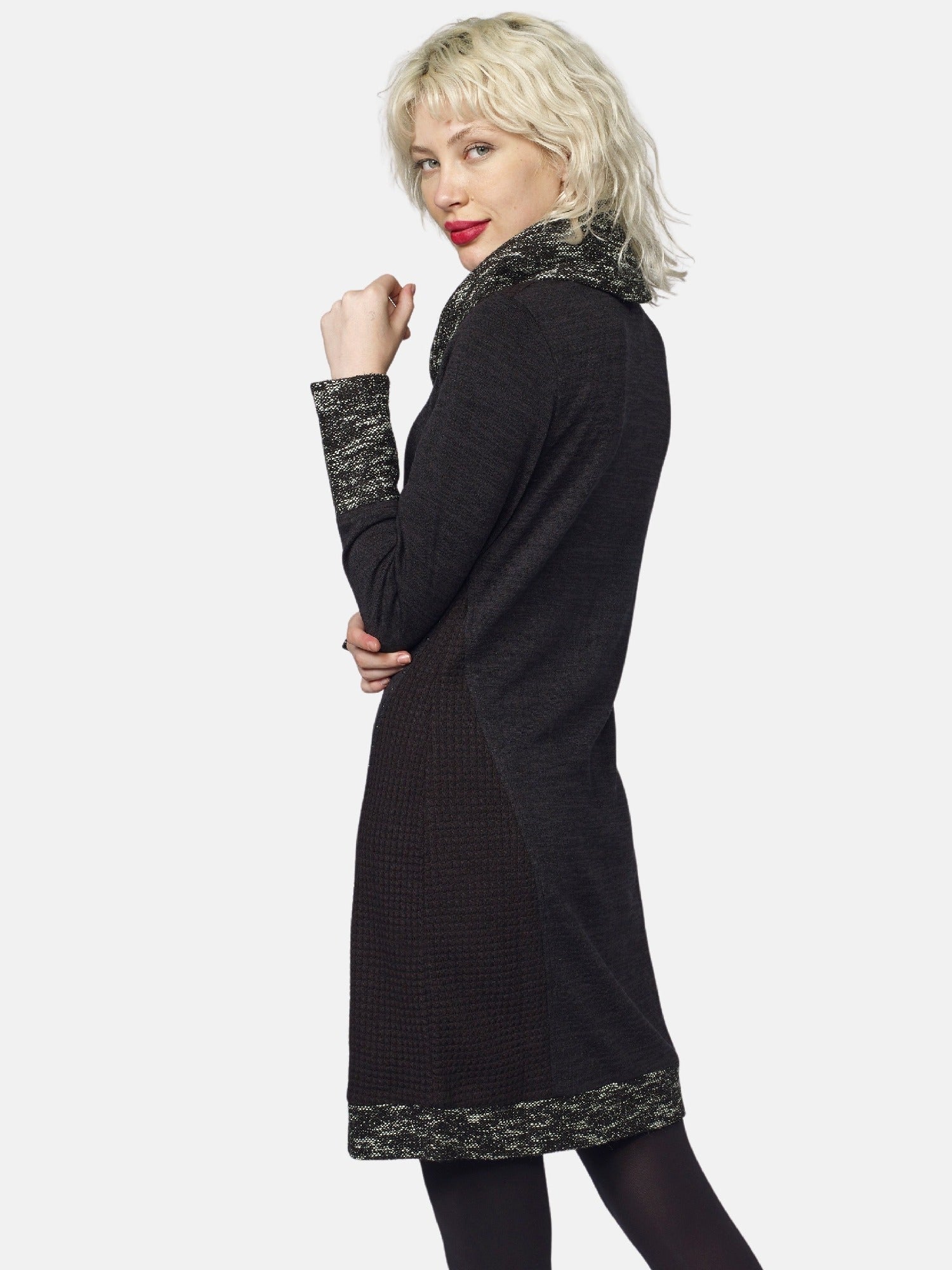 Vestido de Punto Mujer Cuello Vuelto Tweed y Tachas – Koroshi Negro