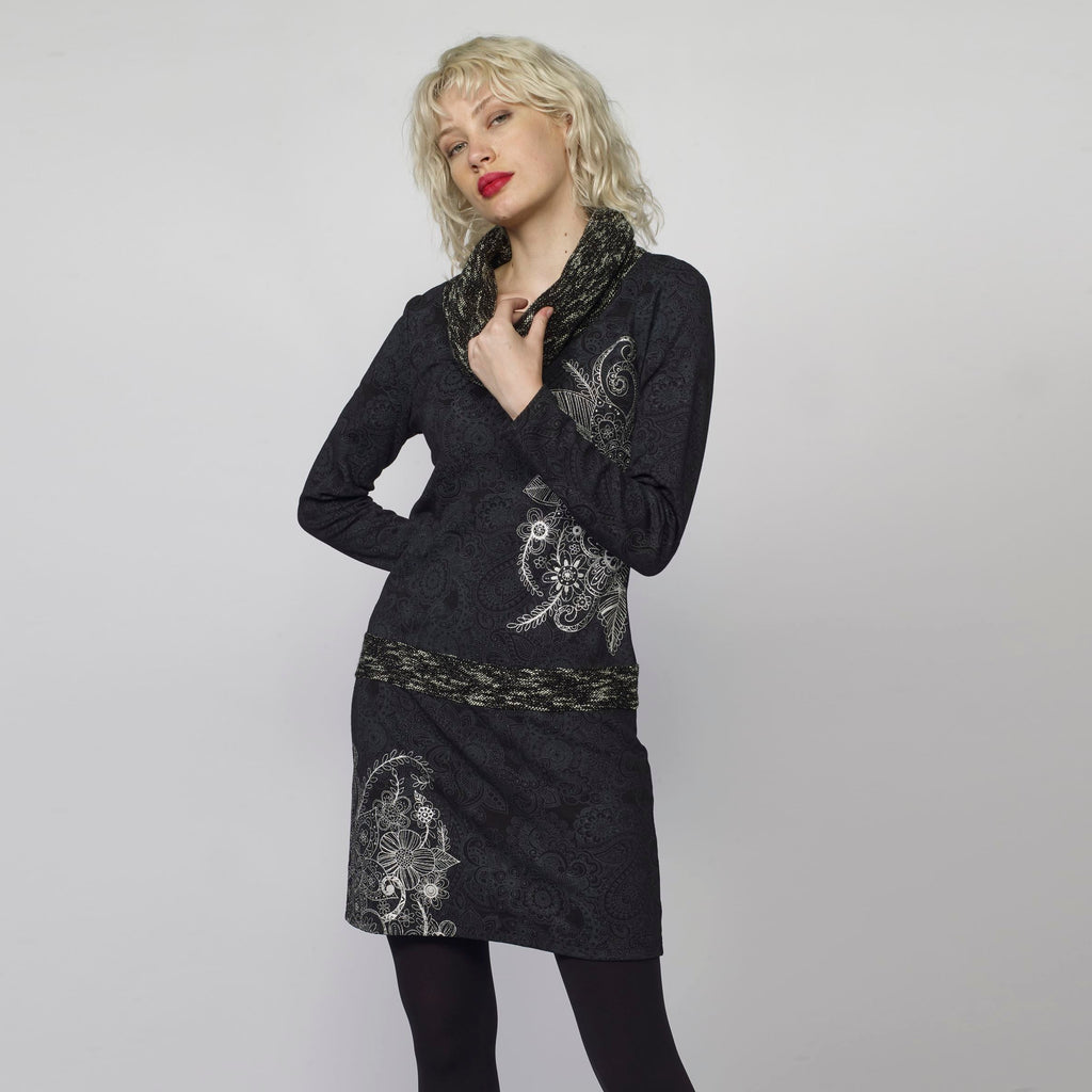 Vestido Mujer Estampado Mandalas Cuello Vuelto – Koroshi Negro