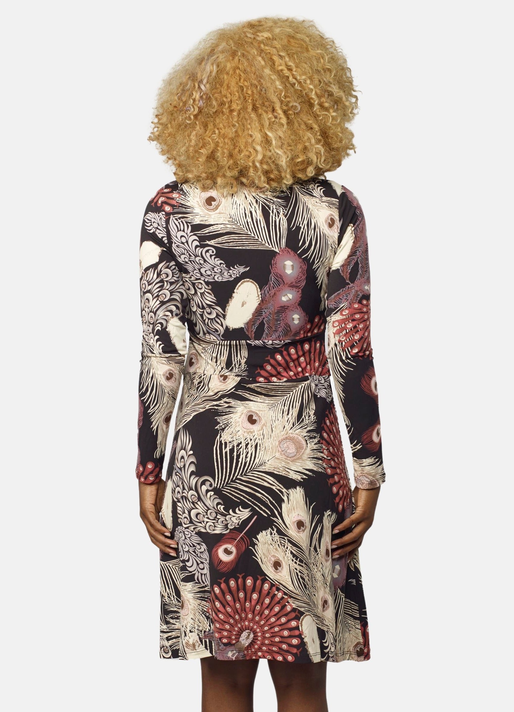 Vestido Estampado de Plumas Mujer Manga Larga – Koroshi Negro