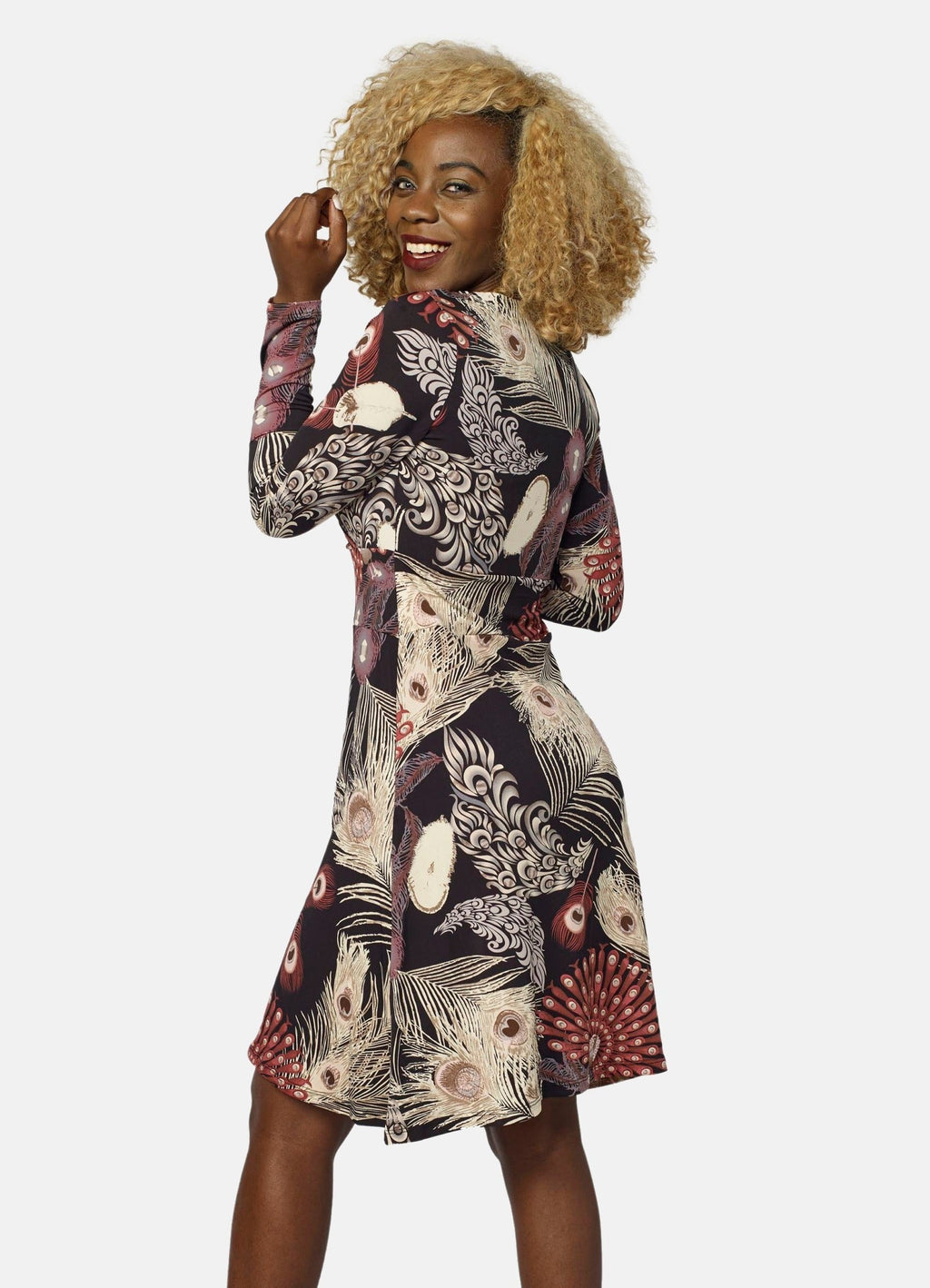 Vestido Estampado de Plumas Mujer Manga Larga – Koroshi Negro