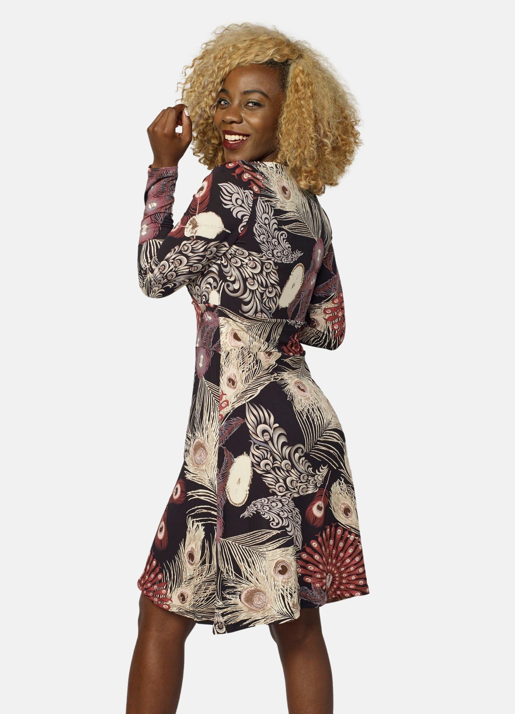 Vestido Estampado de Plumas Mujer Manga Larga – Koroshi Negro