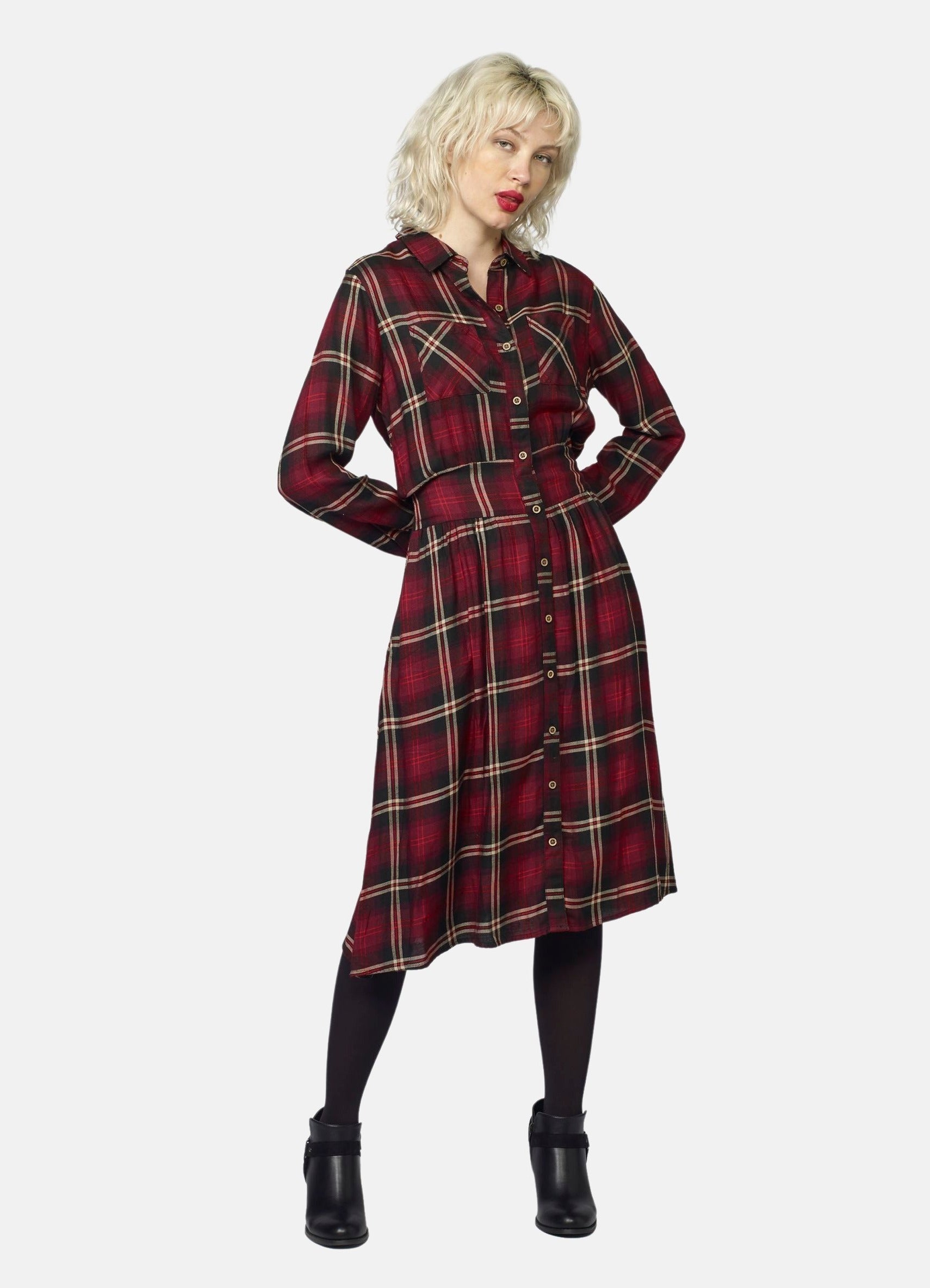 Vestido Camisero Largo de Cuadros Mujer – Koroshi Granate
