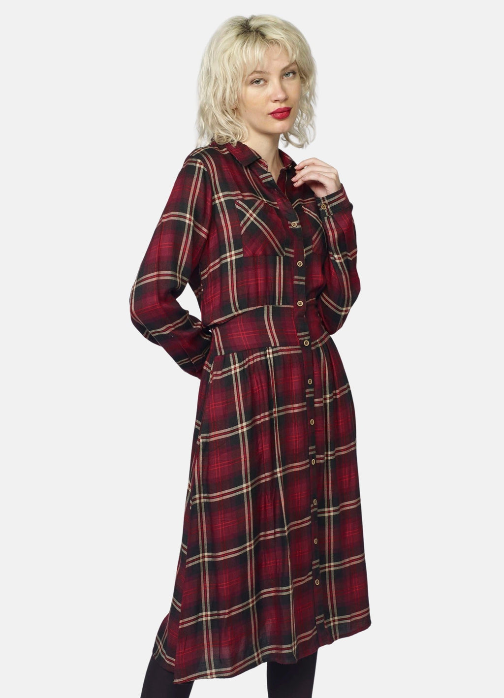 Vestido Camisero Largo de Cuadros Mujer – Koroshi Granate