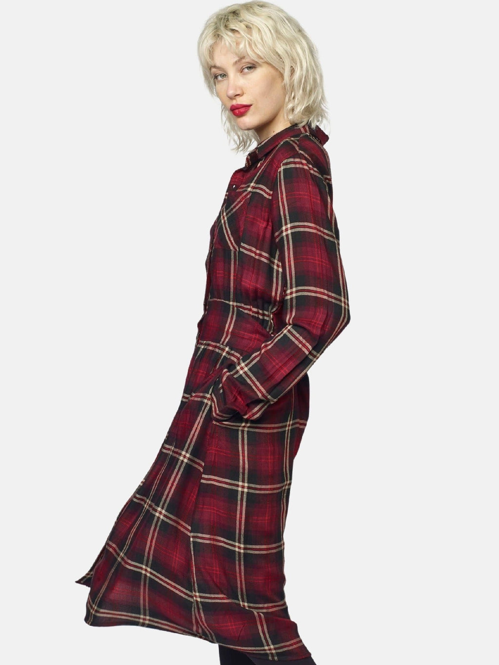 Vestido Camisero Largo de Cuadros Mujer – Koroshi Granate