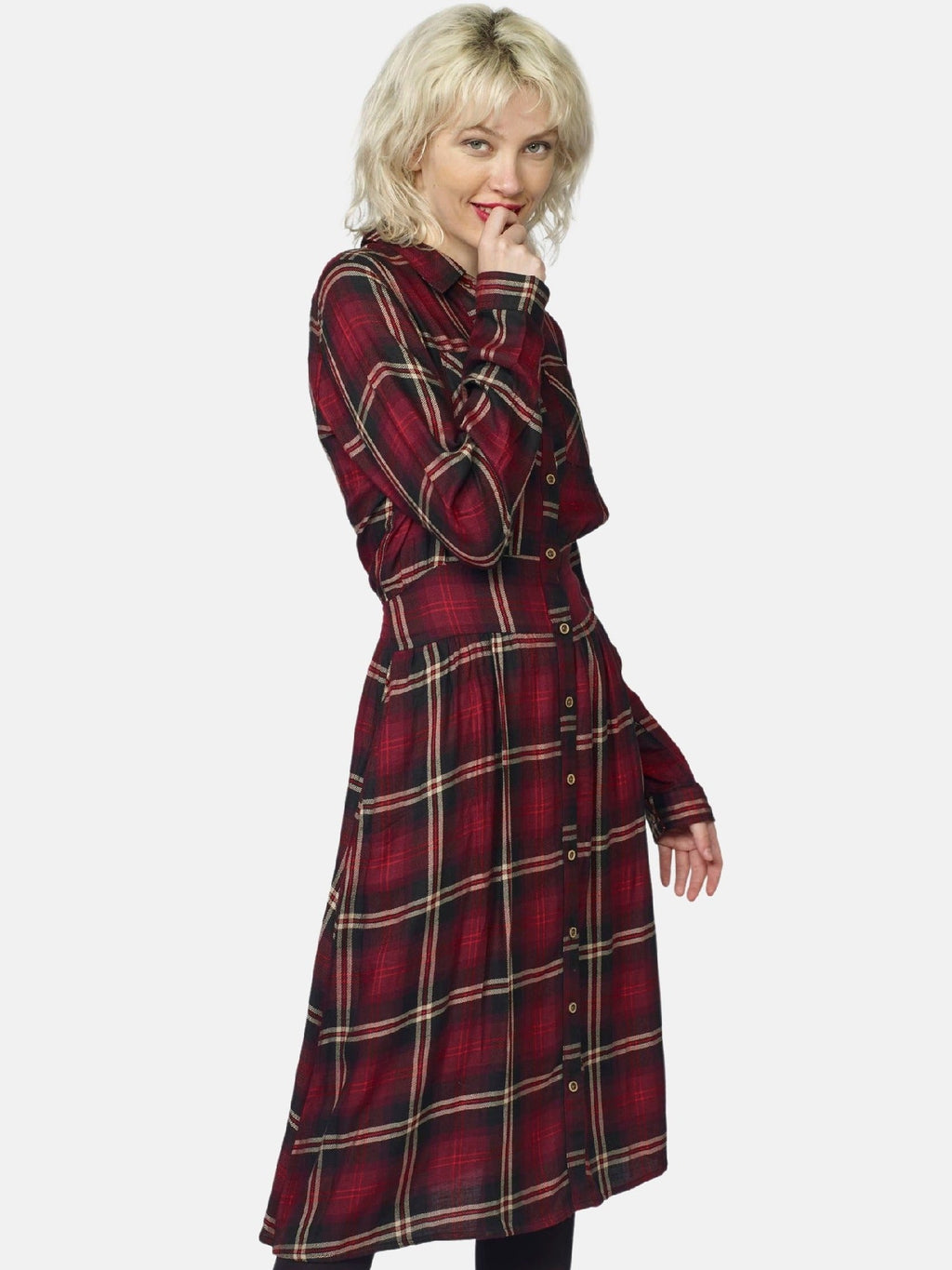 Vestido Camisero Largo de Cuadros Mujer – Koroshi Granate