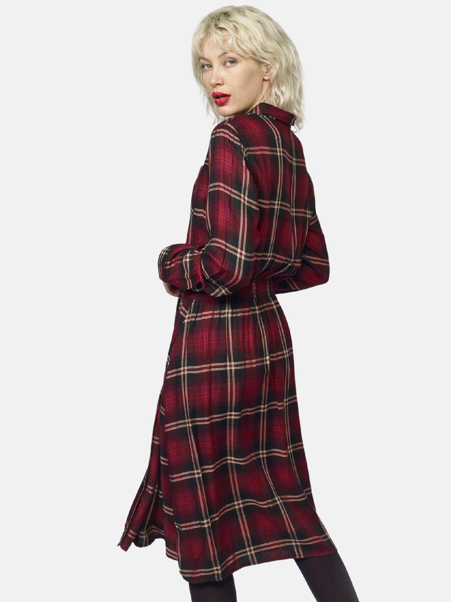 Vestido Camisero Largo de Cuadros Mujer – Koroshi Granate