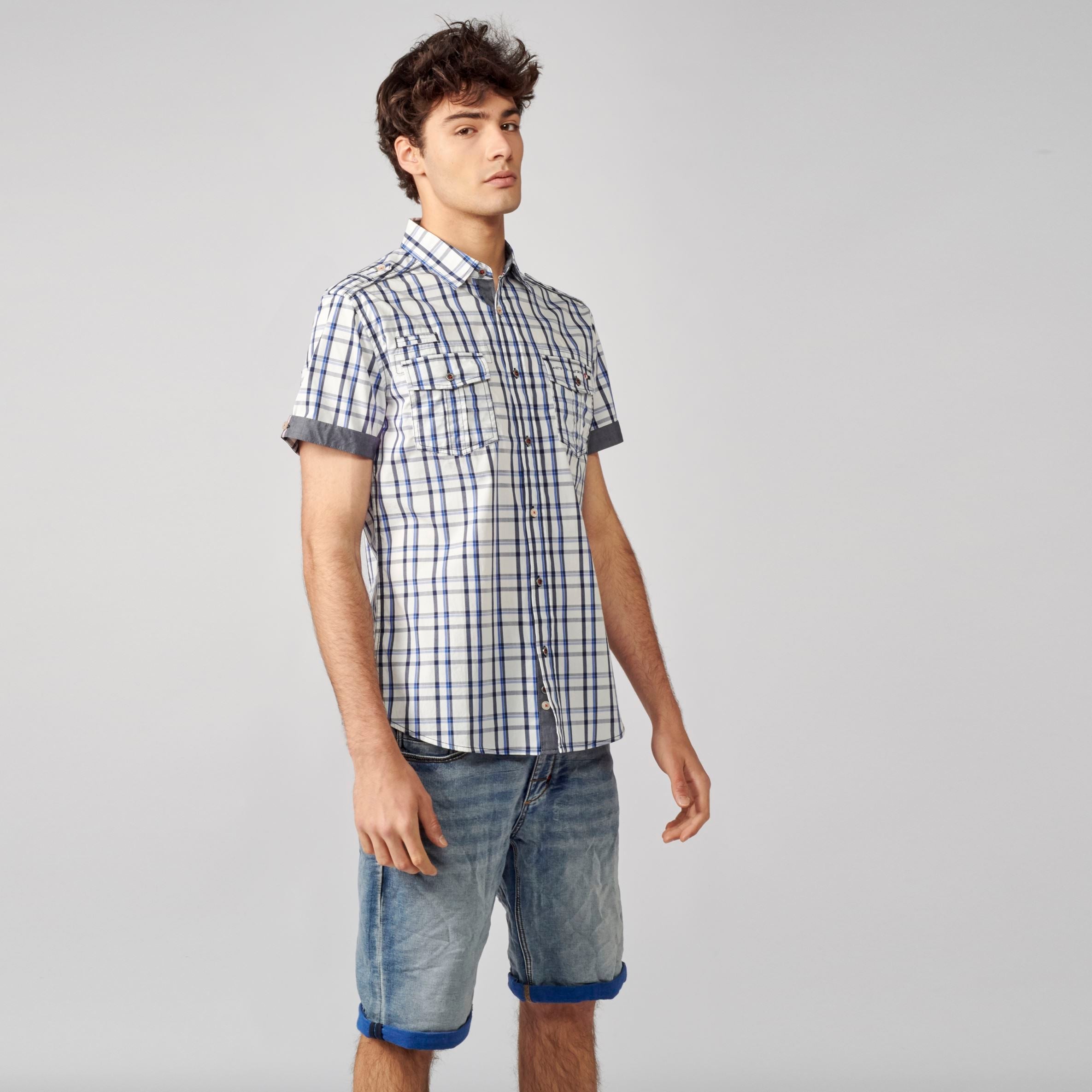 Camisa Hombre Manga Corta Cuadros Algodón Bolsillos Solapa – Koroshi 2111CC50