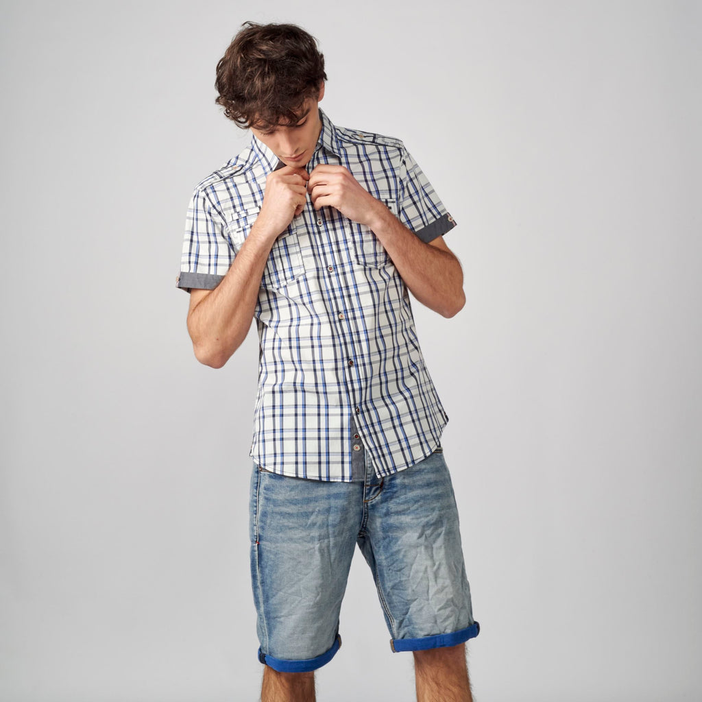 Camisa Hombre Manga Corta Cuadros Algodón Bolsillos Solapa – Koroshi 2111CC50