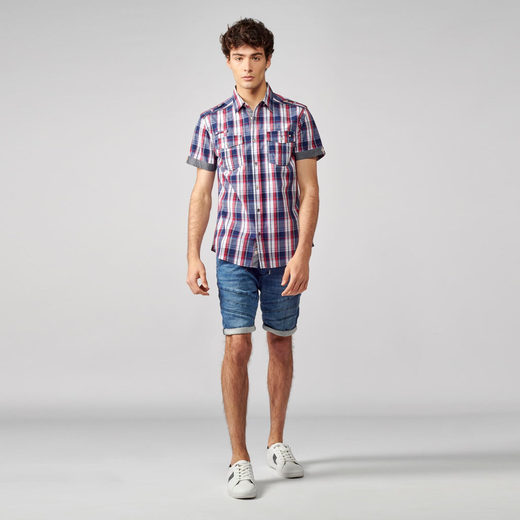Camisa Hombre Manga Corta Cuadros Algodón Bolsillos Solapa – Koroshi 2111CC50