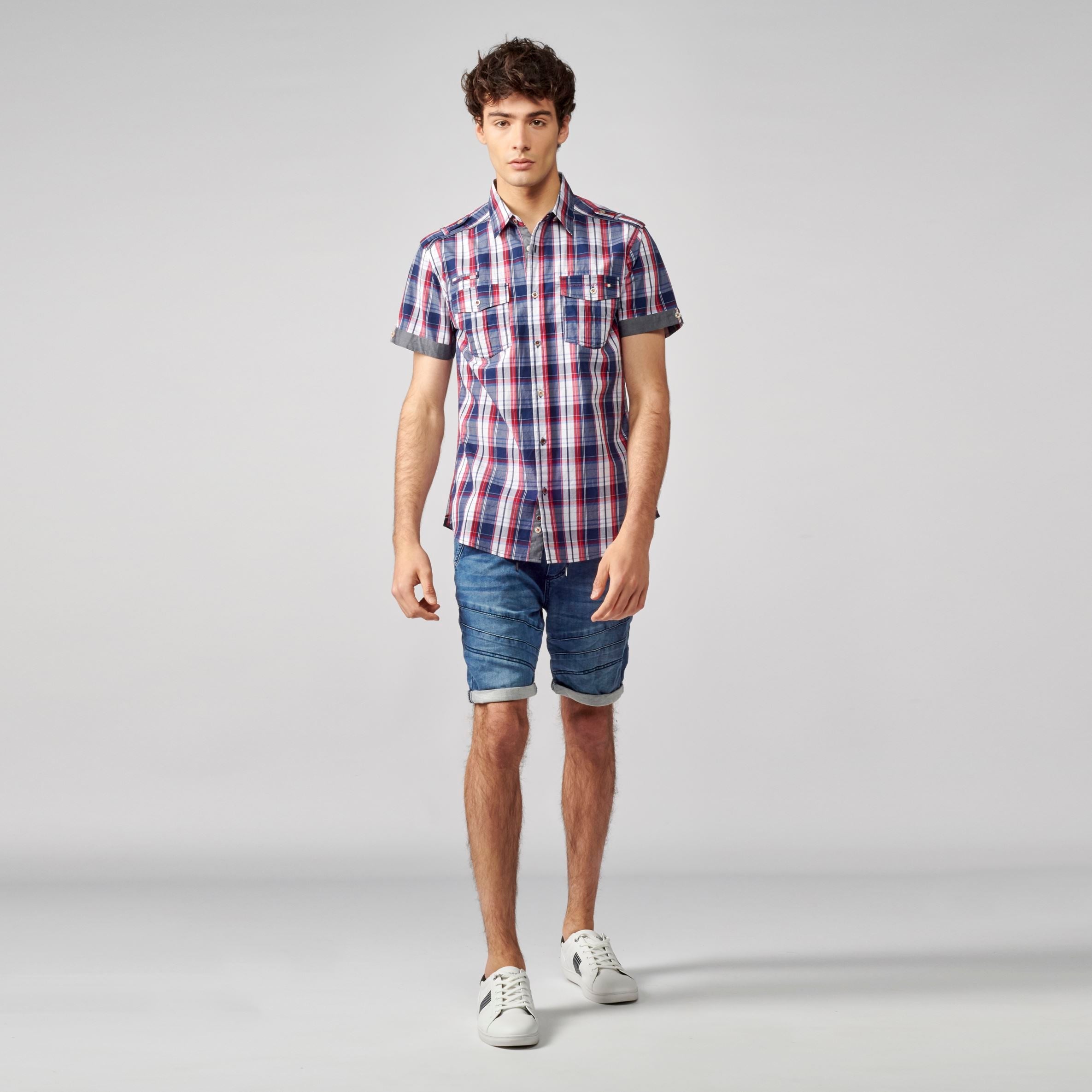 Camisa Hombre Manga Corta Cuadros Algodón Bolsillos Solapa – Koroshi 2111CC50