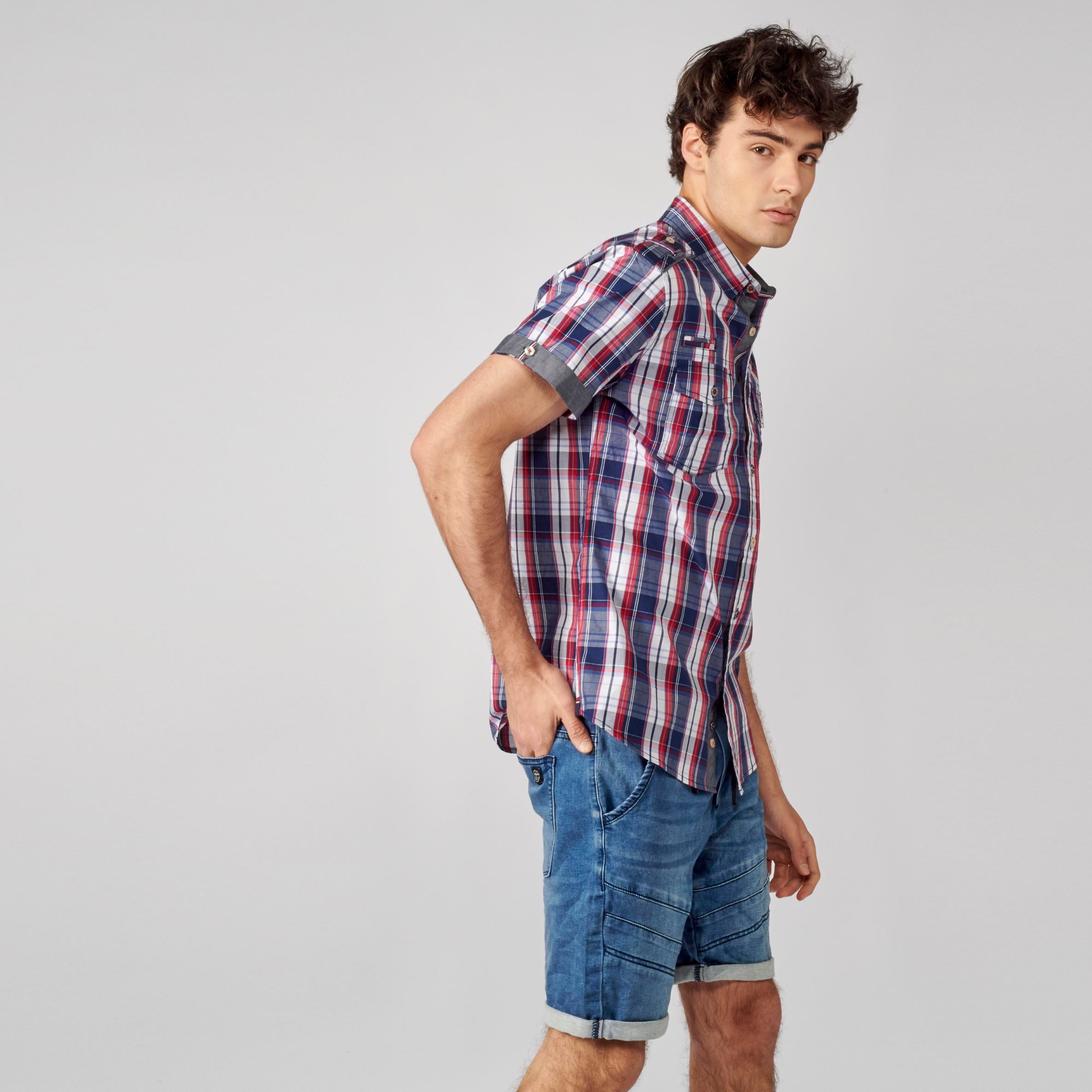 Camisa Hombre Manga Corta Cuadros Algodón Bolsillos Solapa – Koroshi 2111CC50