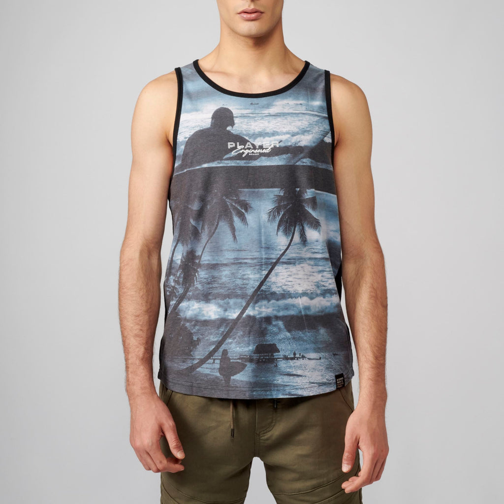 Camiseta sin Mangas Hombre Estampado Tropical – Koroshi Negro