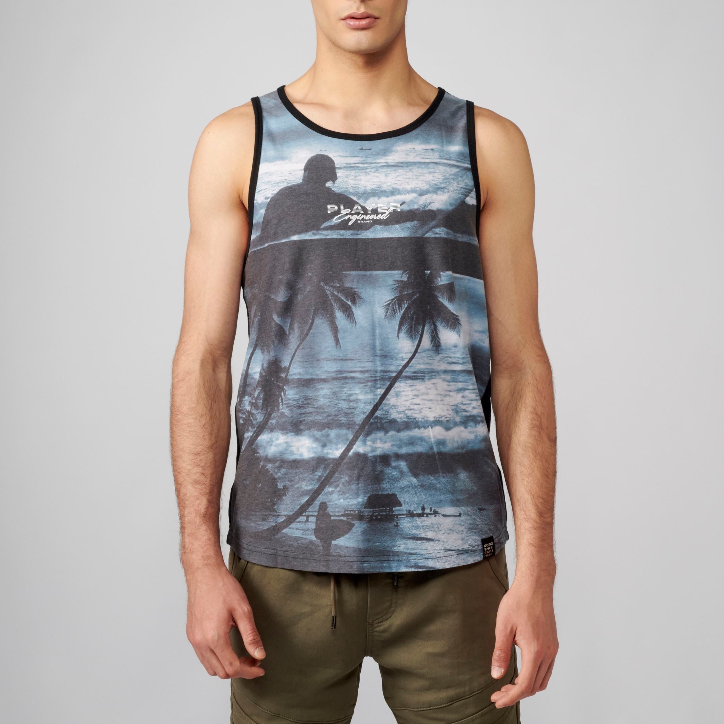Camiseta sin Mangas Hombre Estampado Tropical – Koroshi Negro