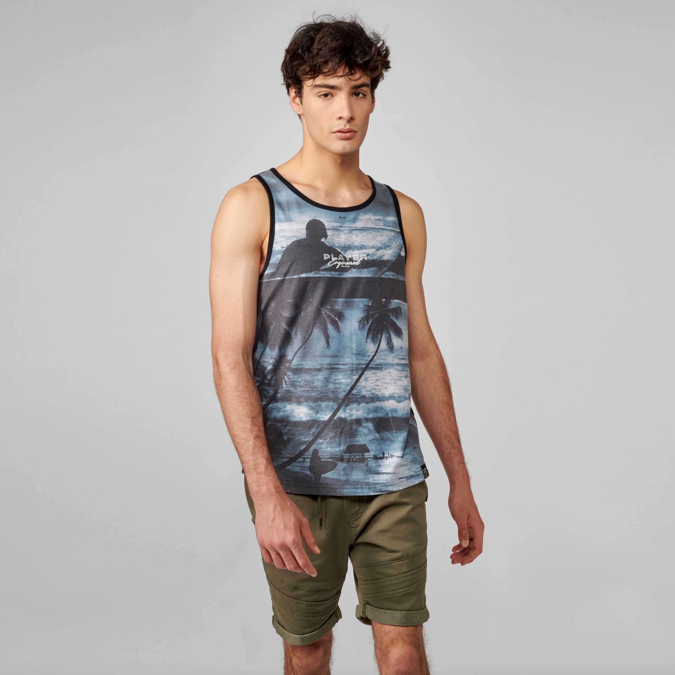 Camiseta sin Mangas Hombre Estampado Tropical – Koroshi Negro