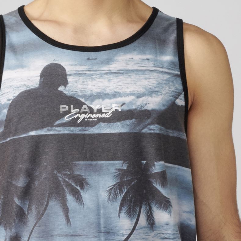 Camiseta sin Mangas Hombre Estampado Tropical – Koroshi Negro