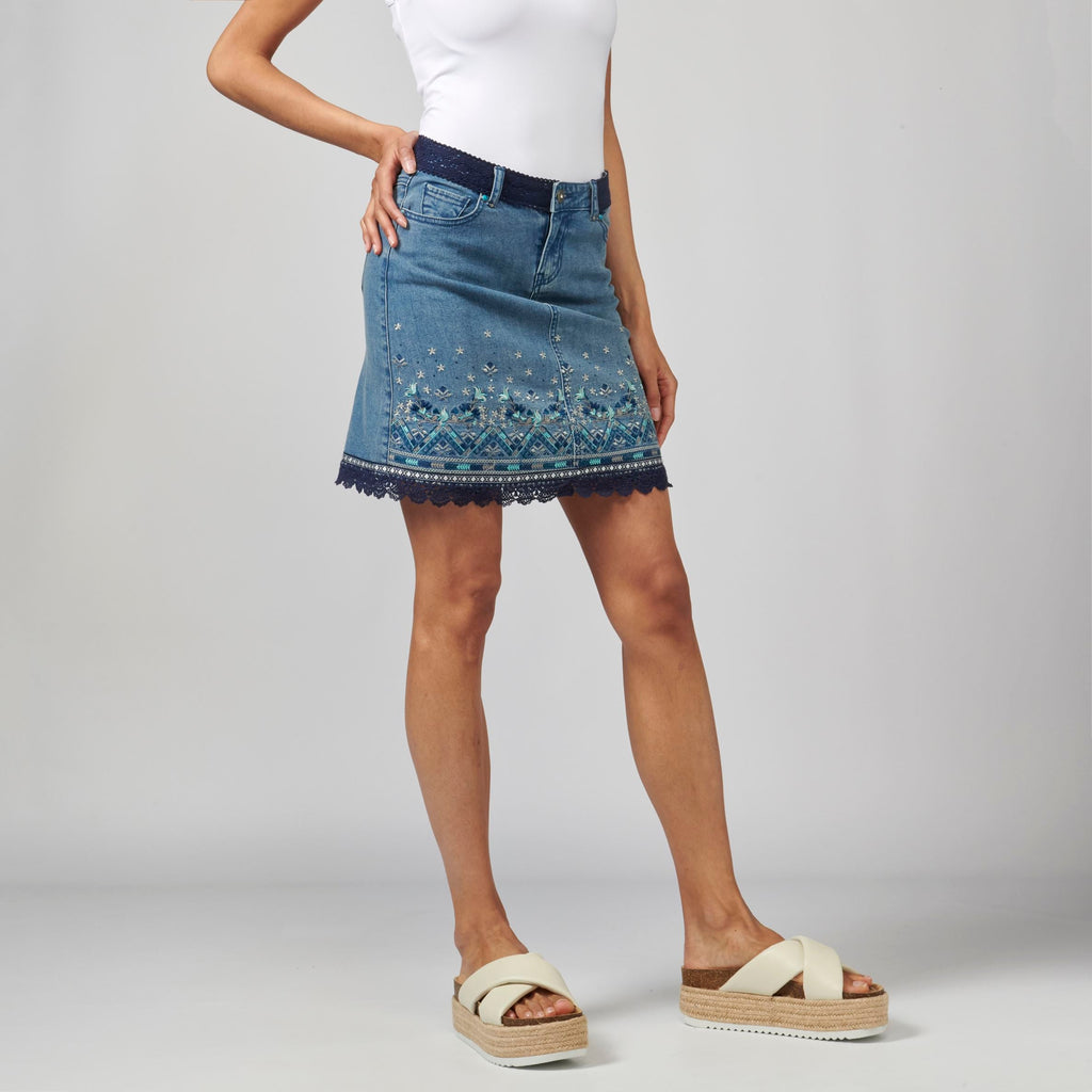 Falda Recta Encima de la Rodilla Flocado Floral Mujer – Koroshi Azul