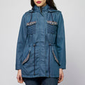Parka Larga Denim Mujer Capucha y Bordado Étnico – Koroshi Azul