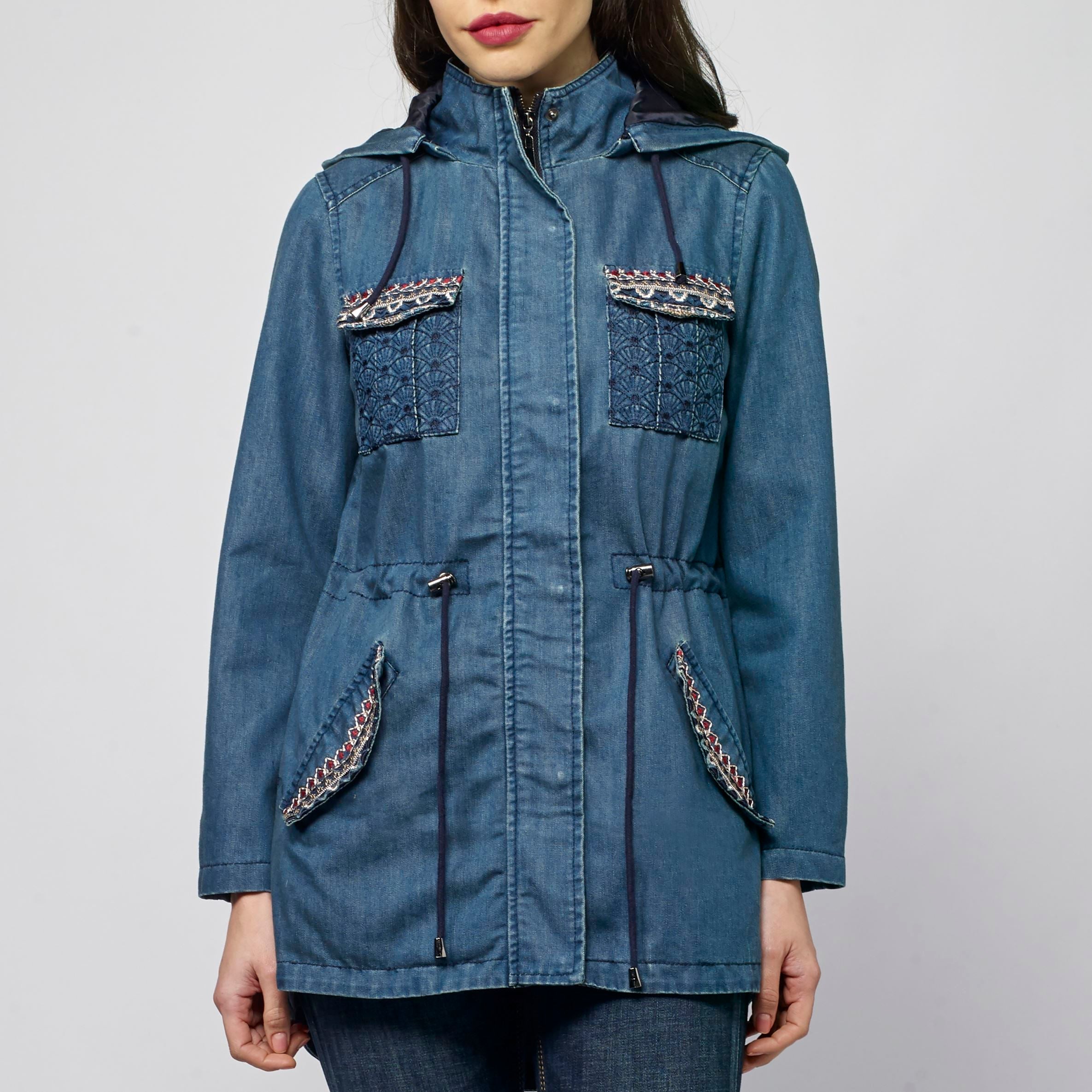 Parka Larga Denim Mujer Capucha y Bordado Étnico – Koroshi Azul