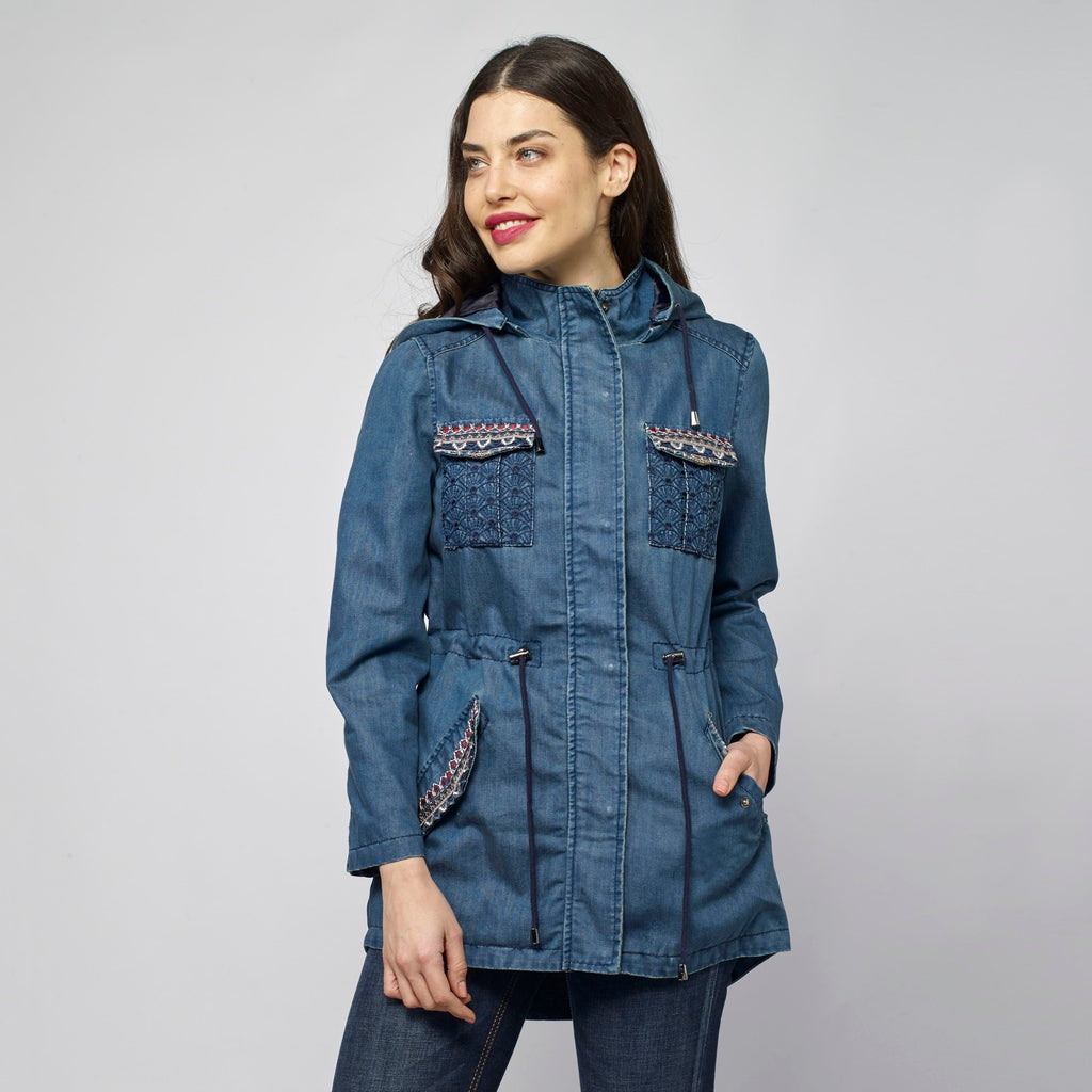 Parka Larga Denim Mujer Capucha y Bordado Étnico – Koroshi Azul