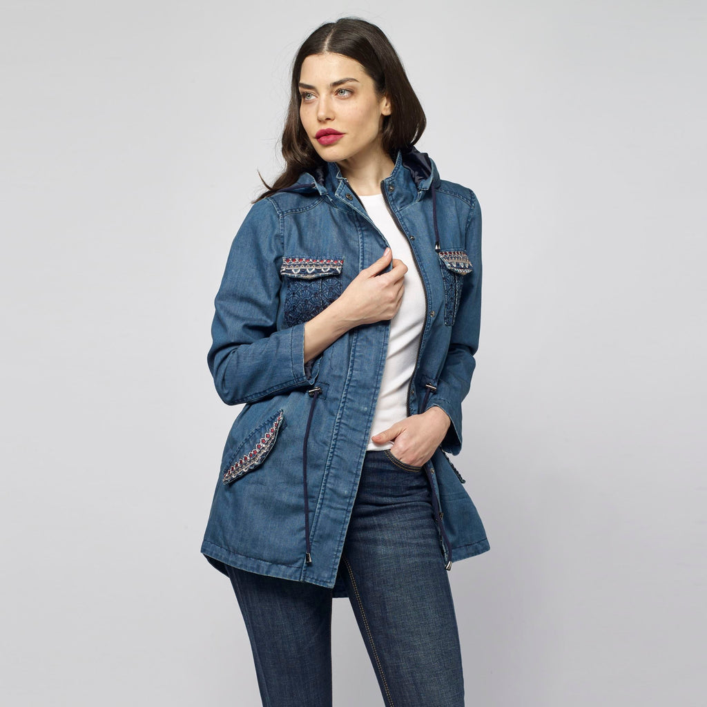 Parka Larga Denim Mujer Capucha y Bordado Étnico – Koroshi Azul