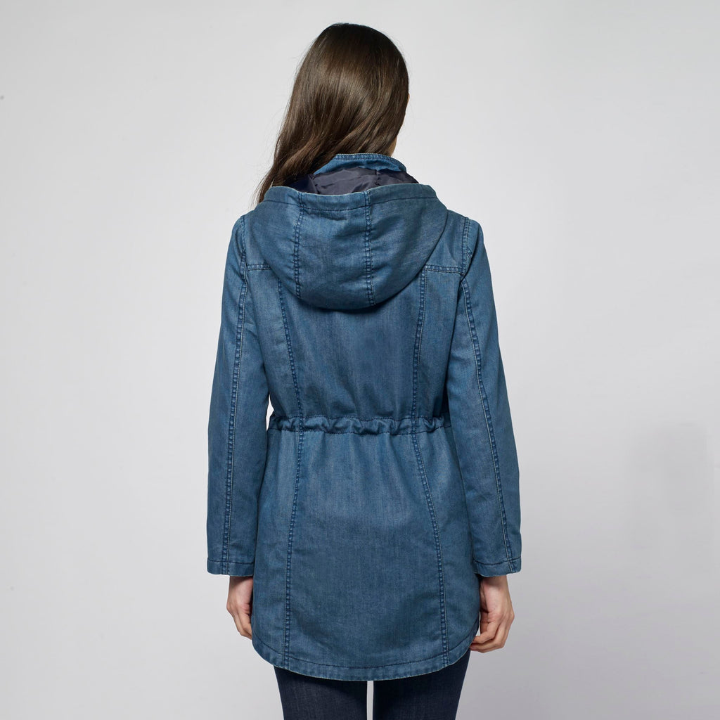 Parka Larga Denim Mujer Capucha y Bordado Étnico – Koroshi Azul