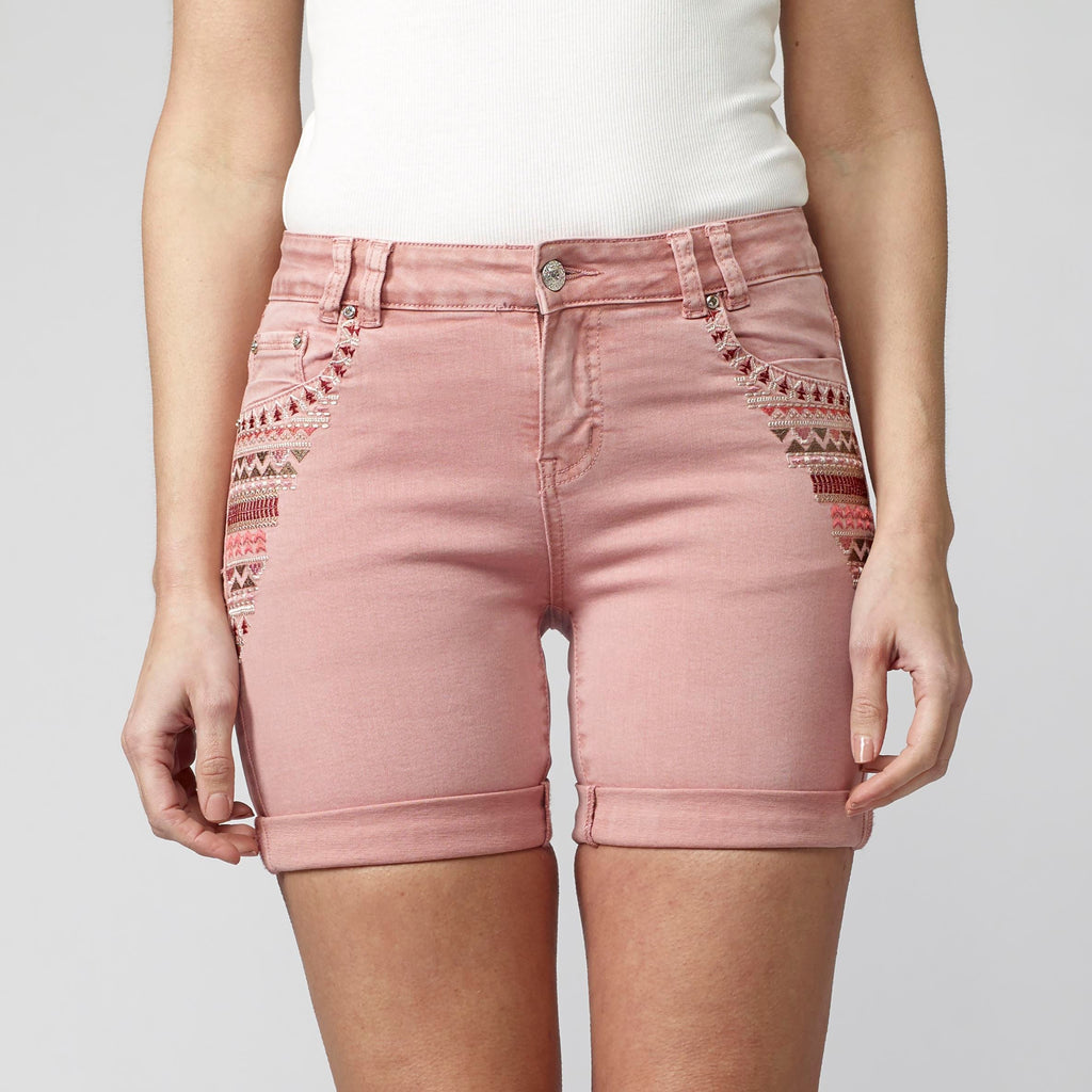 Pantalón Corto Mujer Sarga Elástica con Bordados Étnicos – Koroshi 2112PS57