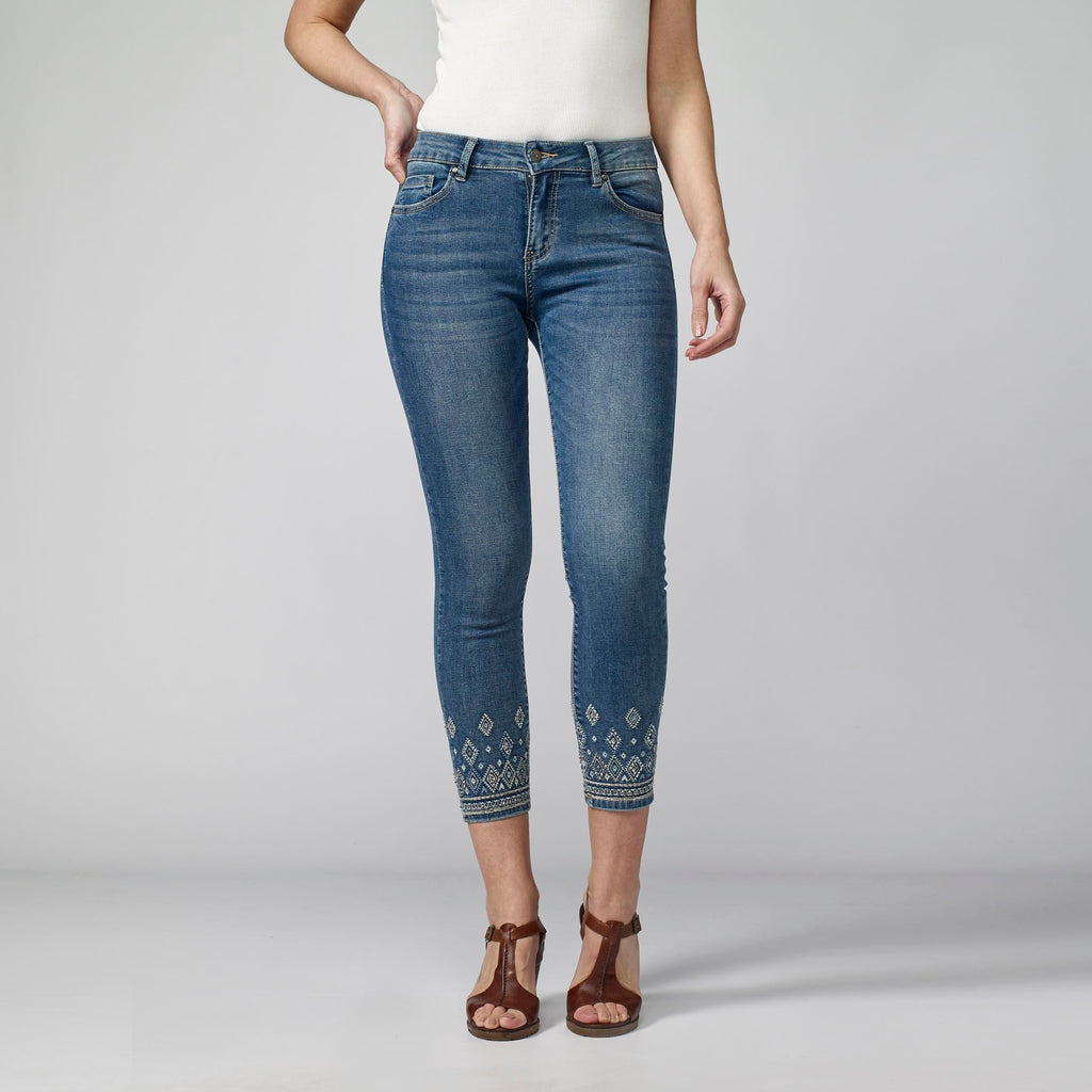 Pantalón Vaquero Slim Tobillero Mujer con Bordado Floral – Koroshi Azul Claro