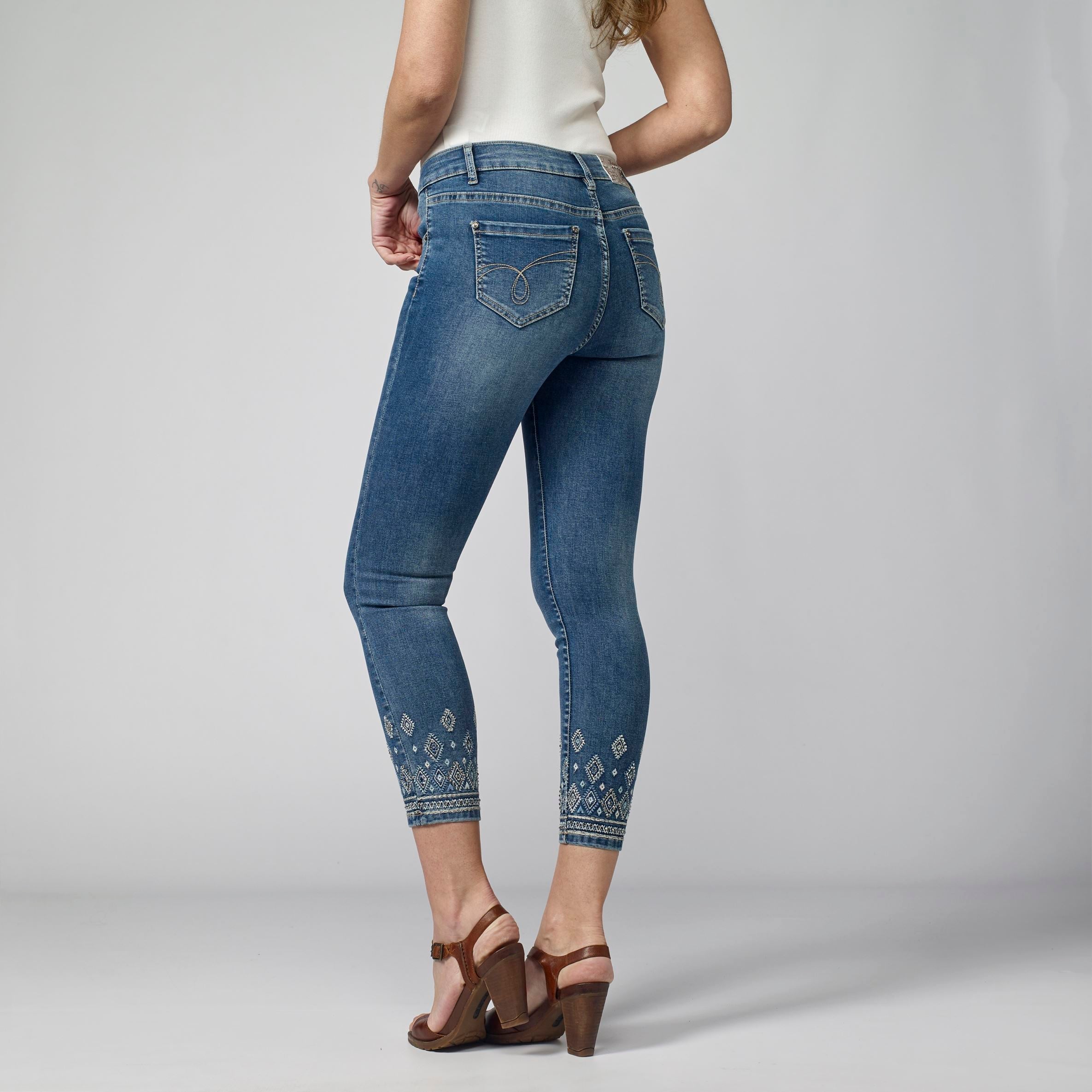 Pantalón Vaquero Slim Tobillero Mujer con Bordado Floral – Koroshi Azul Claro