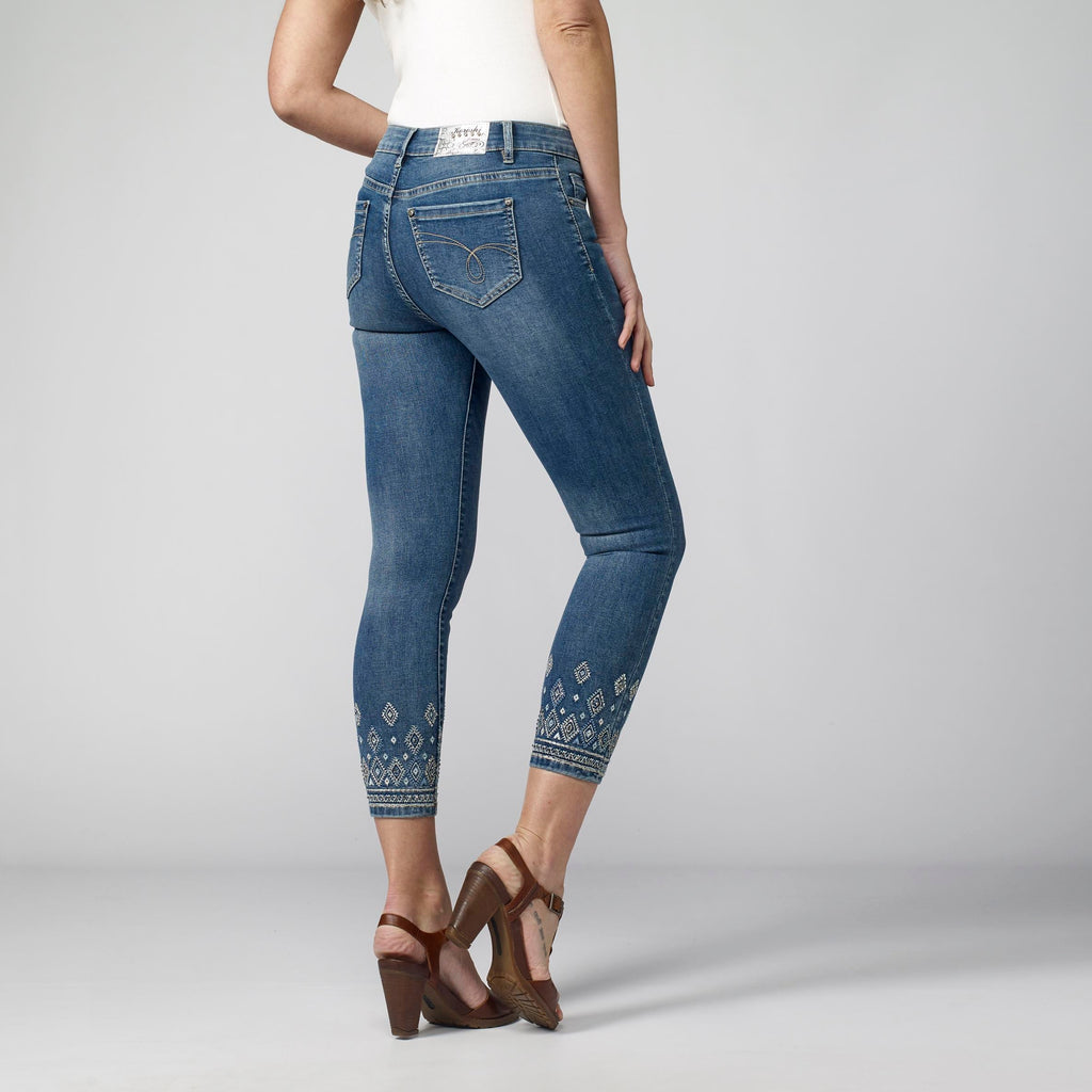 Pantalón Vaquero Slim Tobillero Mujer con Bordado Floral – Koroshi Azul Claro
