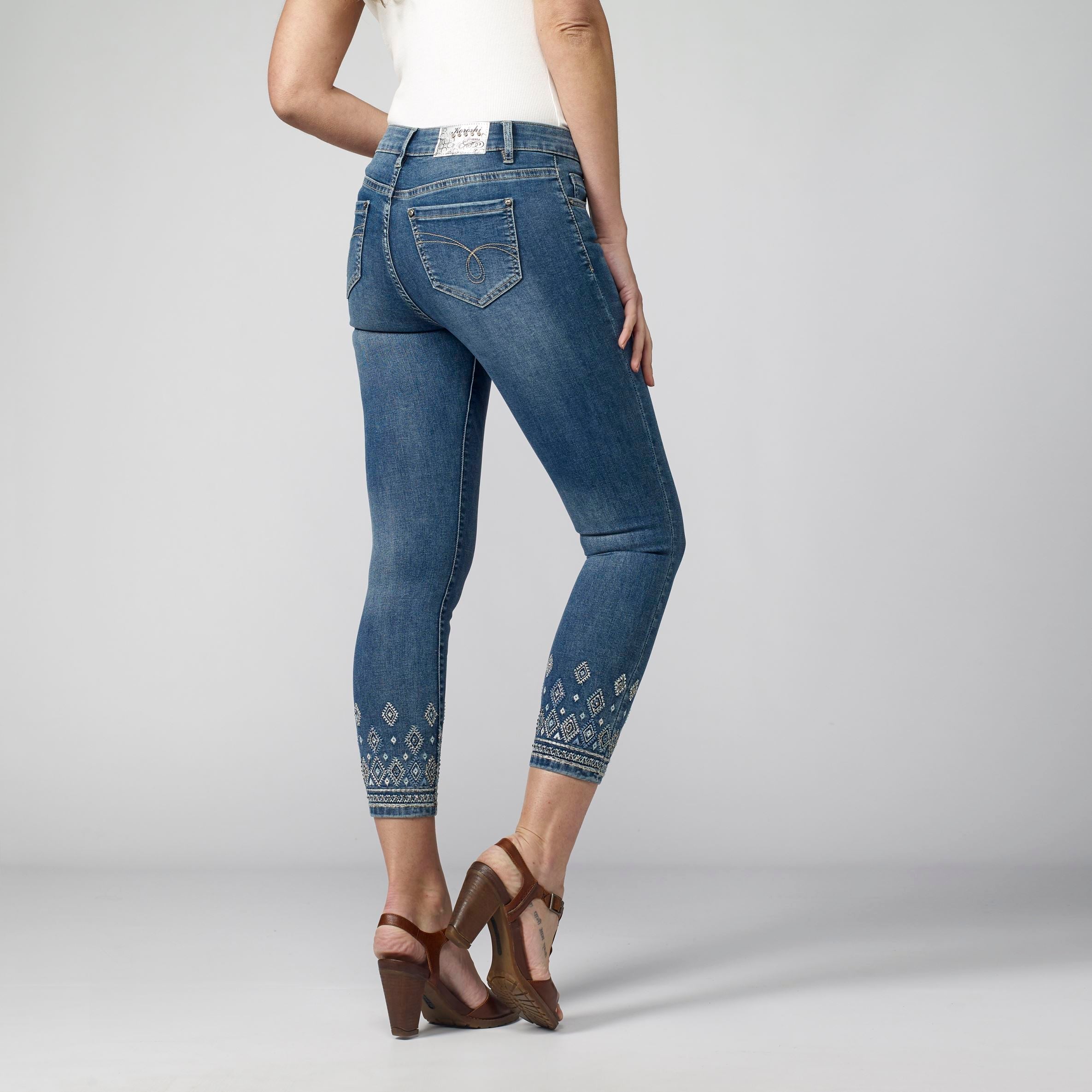 Pantalón Vaquero Slim Tobillero Mujer con Bordado Floral – Koroshi Azul Claro