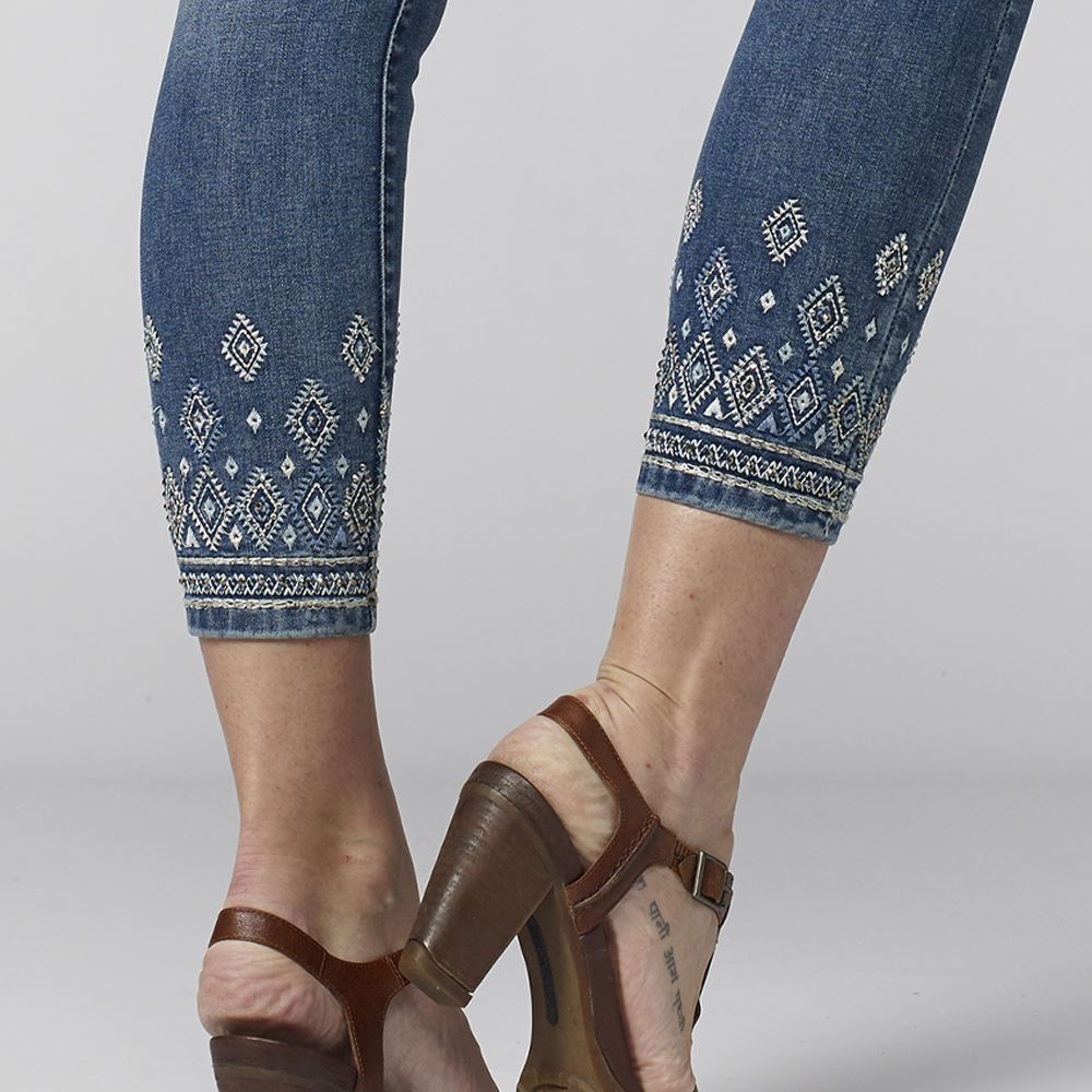 Pantalón Vaquero Slim Tobillero Mujer con Bordado Floral – Koroshi Azul Claro
