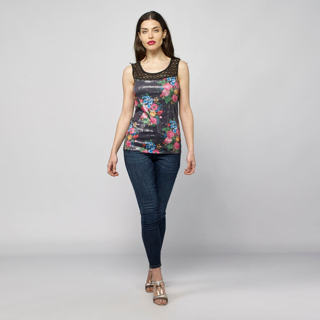 Top Sin Mangas Mujer Estampado Floral con Lentejuelas – Koroshi Negro