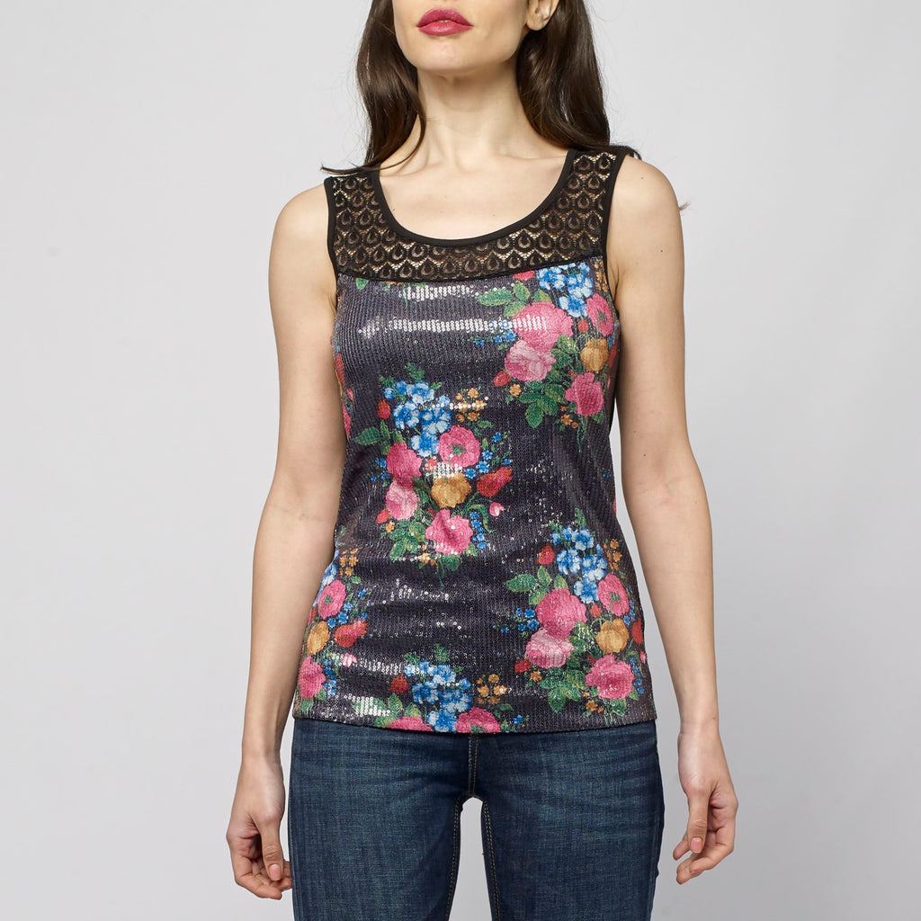 Top Sin Mangas Mujer Estampado Floral con Lentejuelas – Koroshi Negro