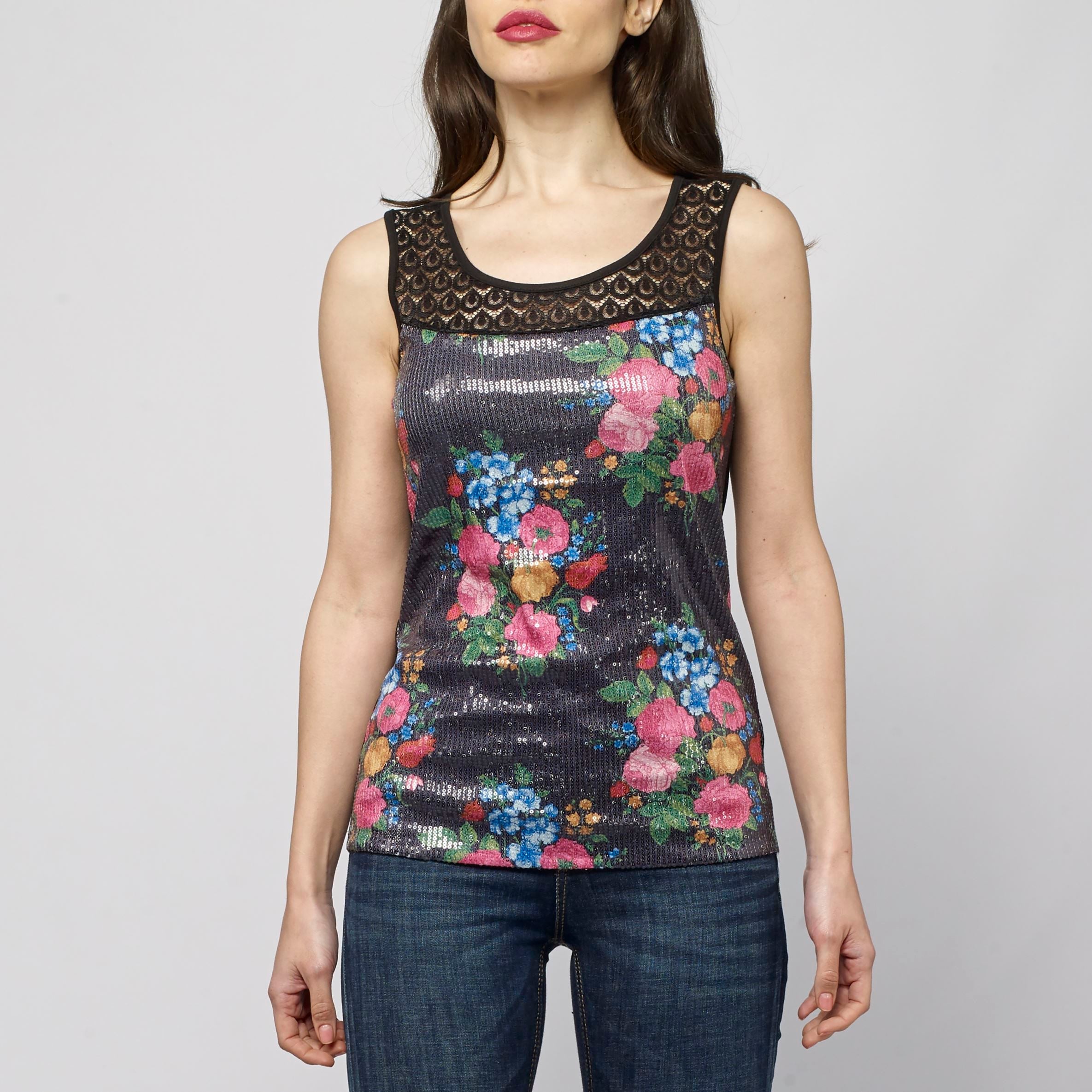 Top Sin Mangas Mujer Estampado Floral con Lentejuelas – Koroshi Negro