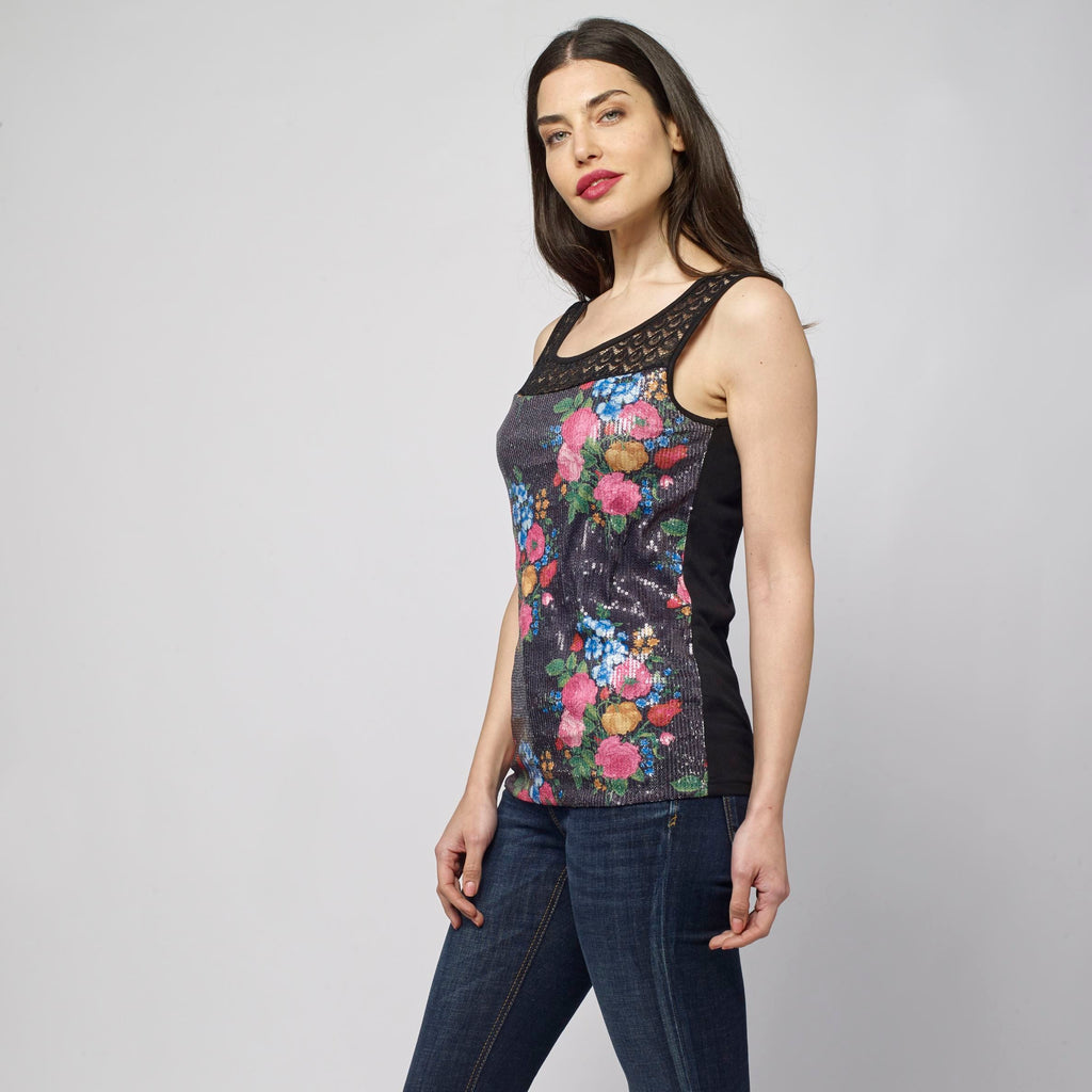 Top Sin Mangas Mujer Estampado Floral con Lentejuelas – Koroshi Negro