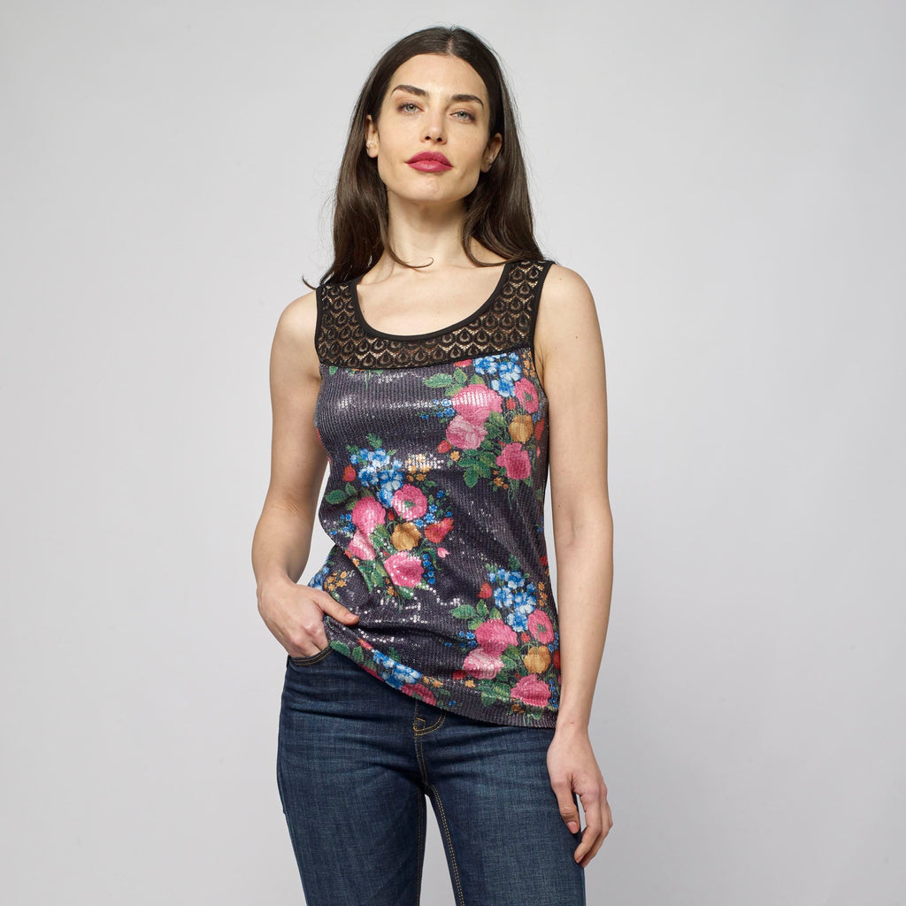 Top Sin Mangas Mujer Estampado Floral con Lentejuelas – Koroshi Negro
