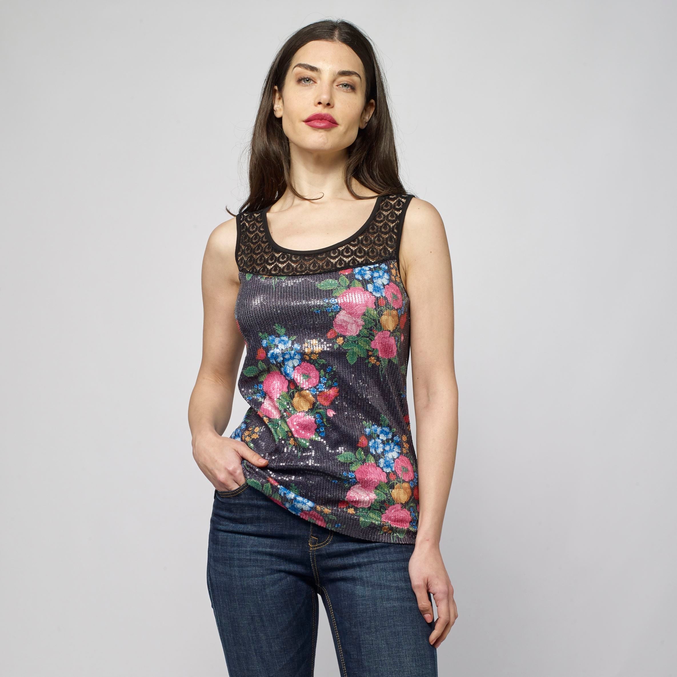Top Sin Mangas Mujer Estampado Floral con Lentejuelas – Koroshi Negro
