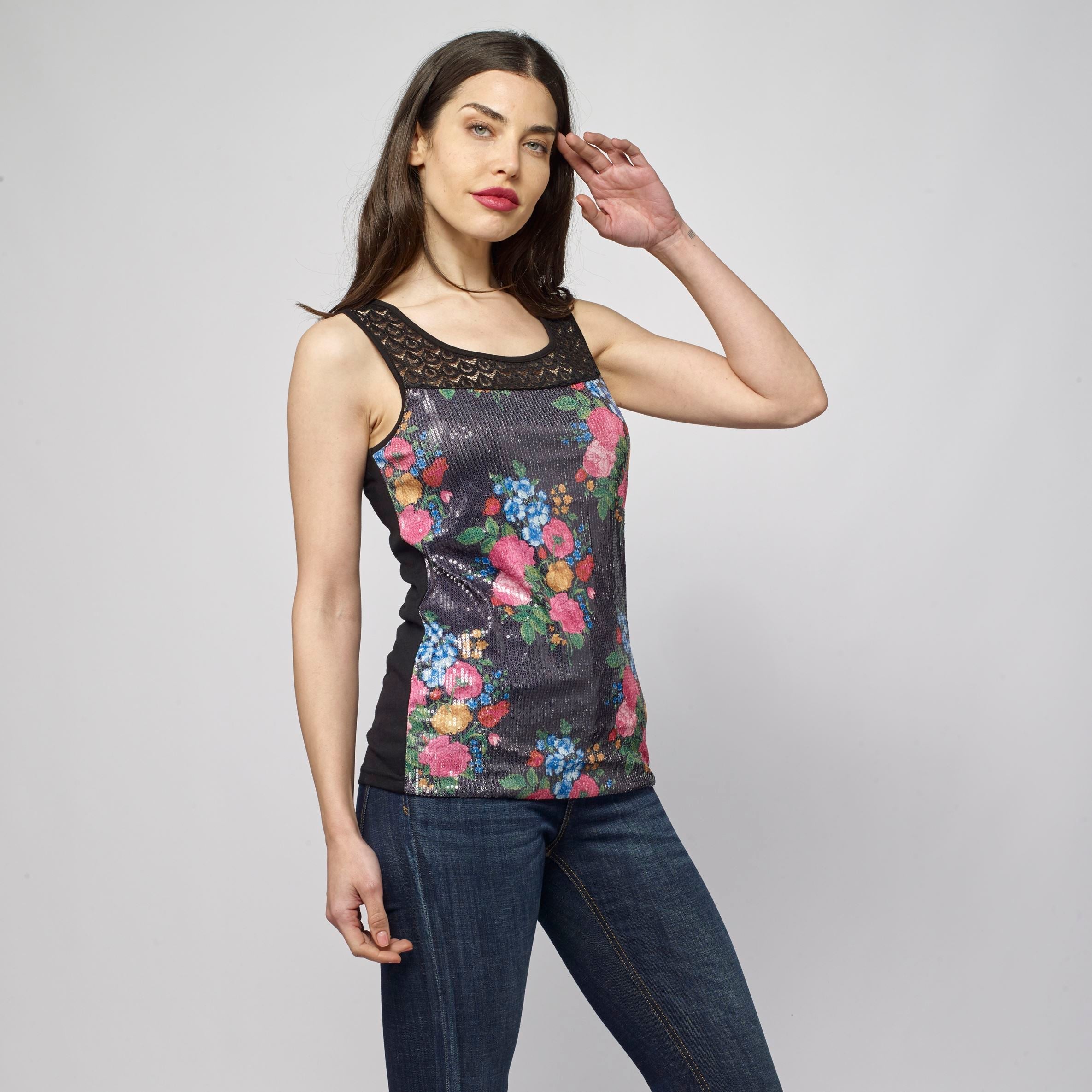 Top Sin Mangas Mujer Estampado Floral con Lentejuelas – Koroshi Negro