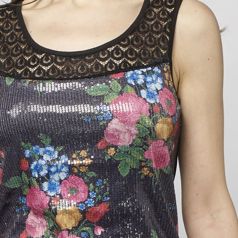 Top Sin Mangas Mujer Estampado Floral con Lentejuelas – Koroshi Negro